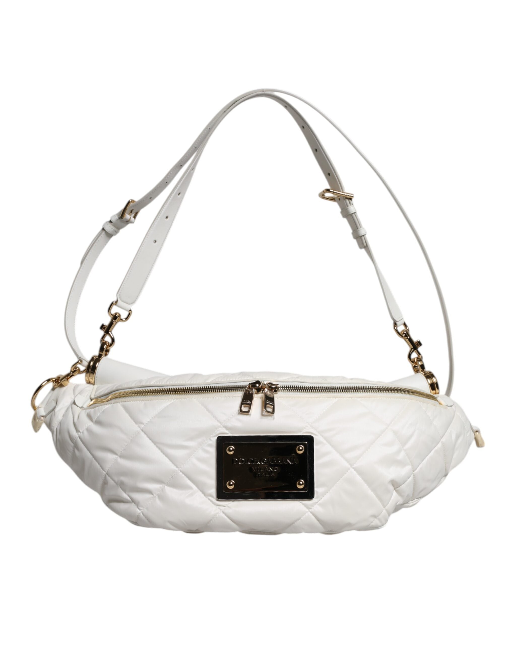 Dolce & Gabbana White Quilted Logo Plaque Belt Waist Fanny Pack Bag - Zeiniez