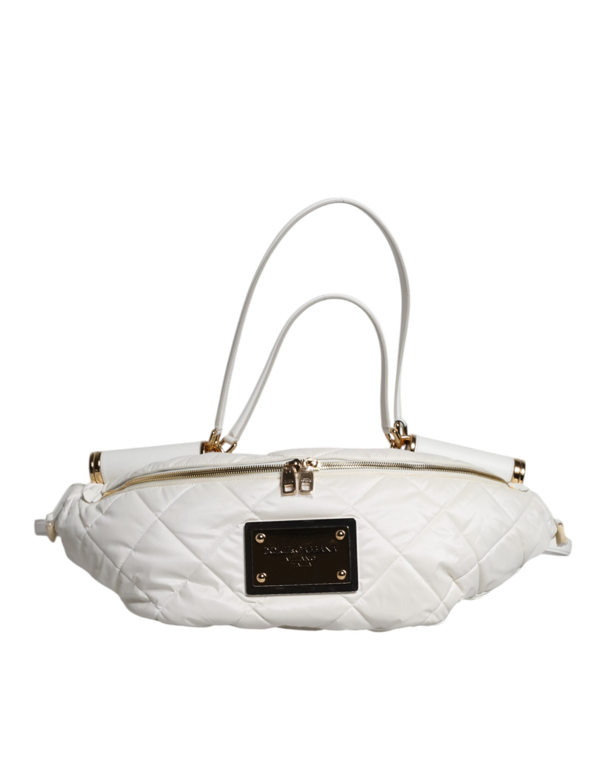 Dolce & Gabbana White Quilted Logo Plaque Belt Waist Fanny Pack Bag - Zeiniez