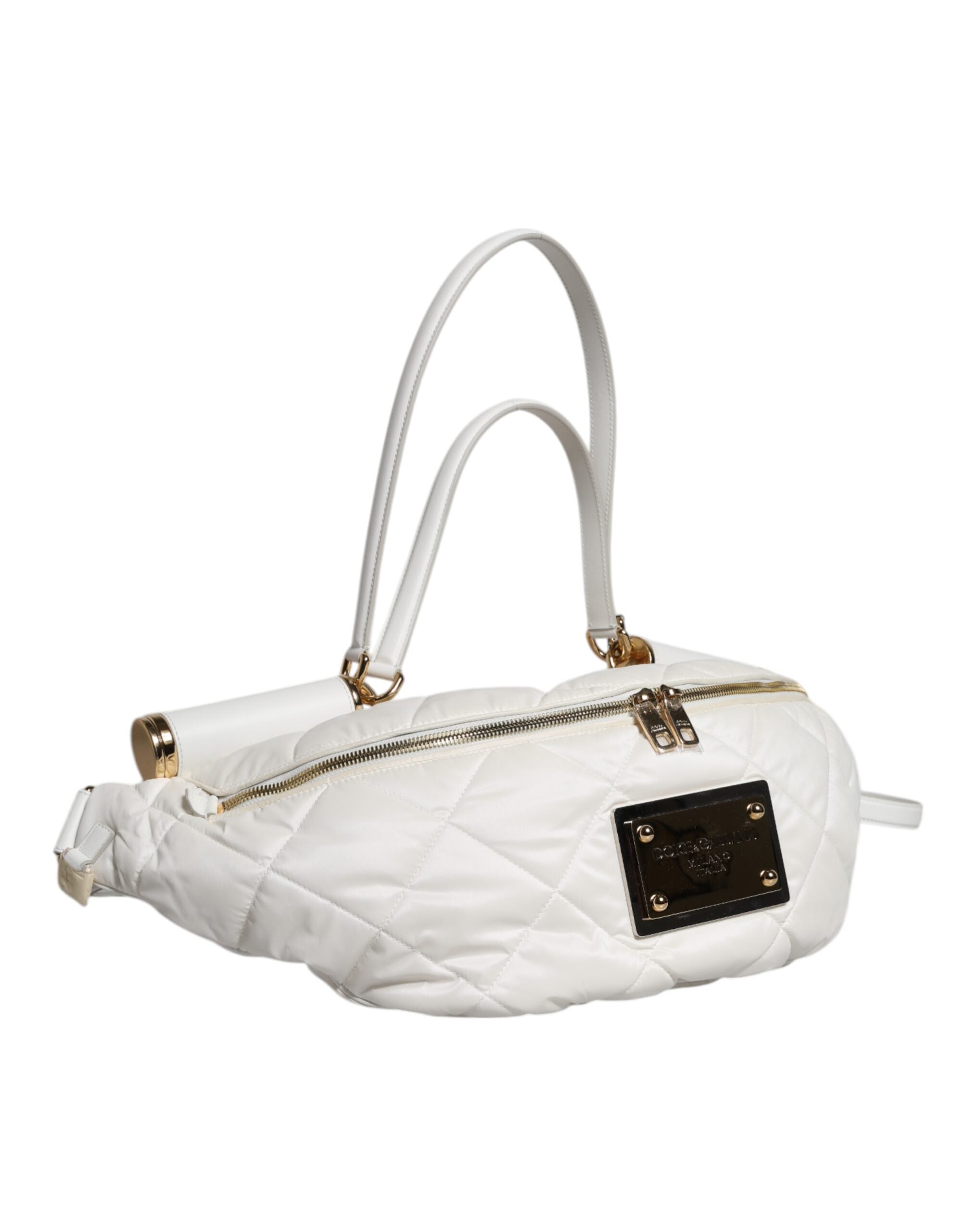 Dolce & Gabbana White Quilted Logo Plaque Belt Waist Fanny Pack Bag - Zeiniez