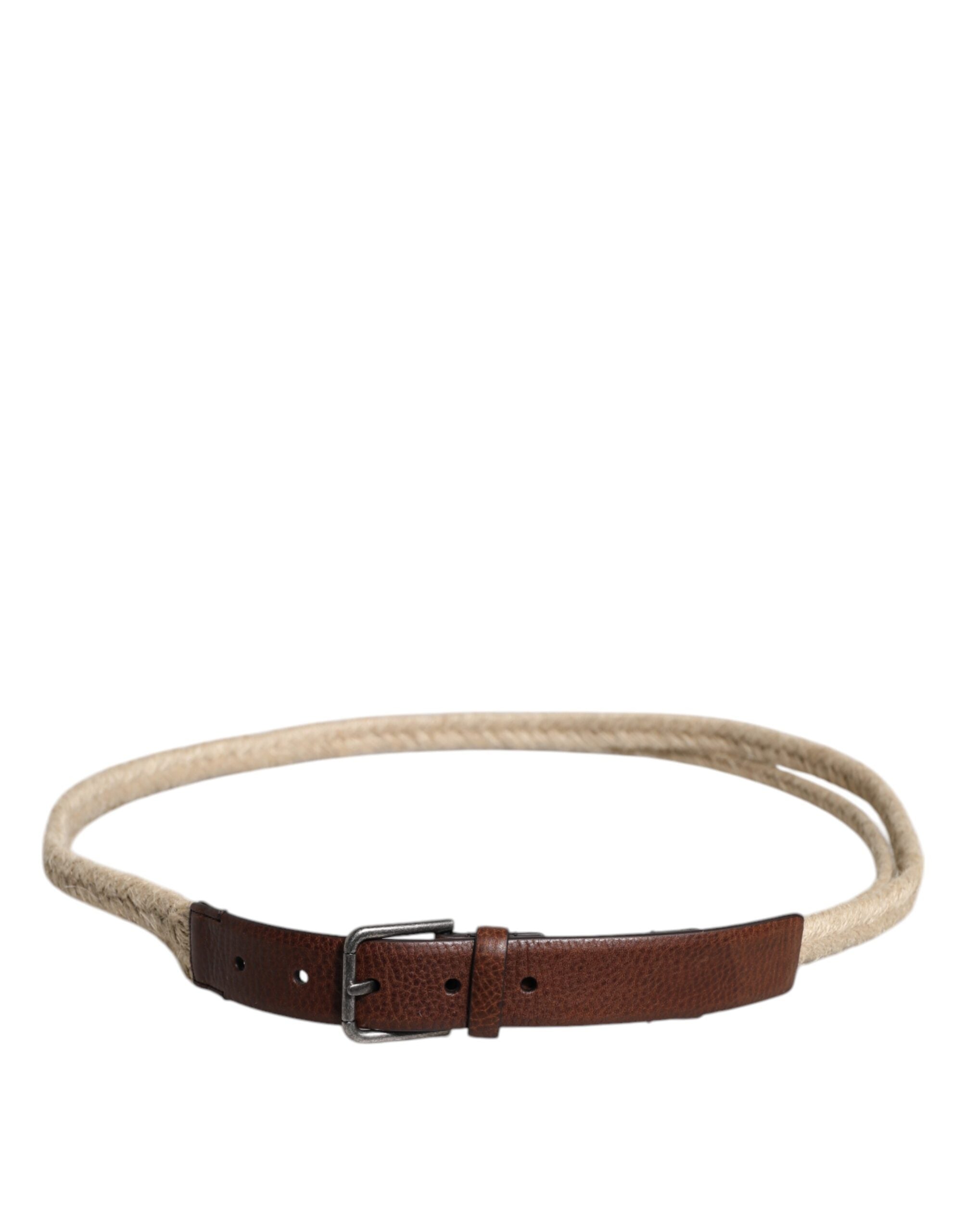 Dolce & Gabbana Brown Jute Leather Woven Metal Buckle Belt - Zeiniez