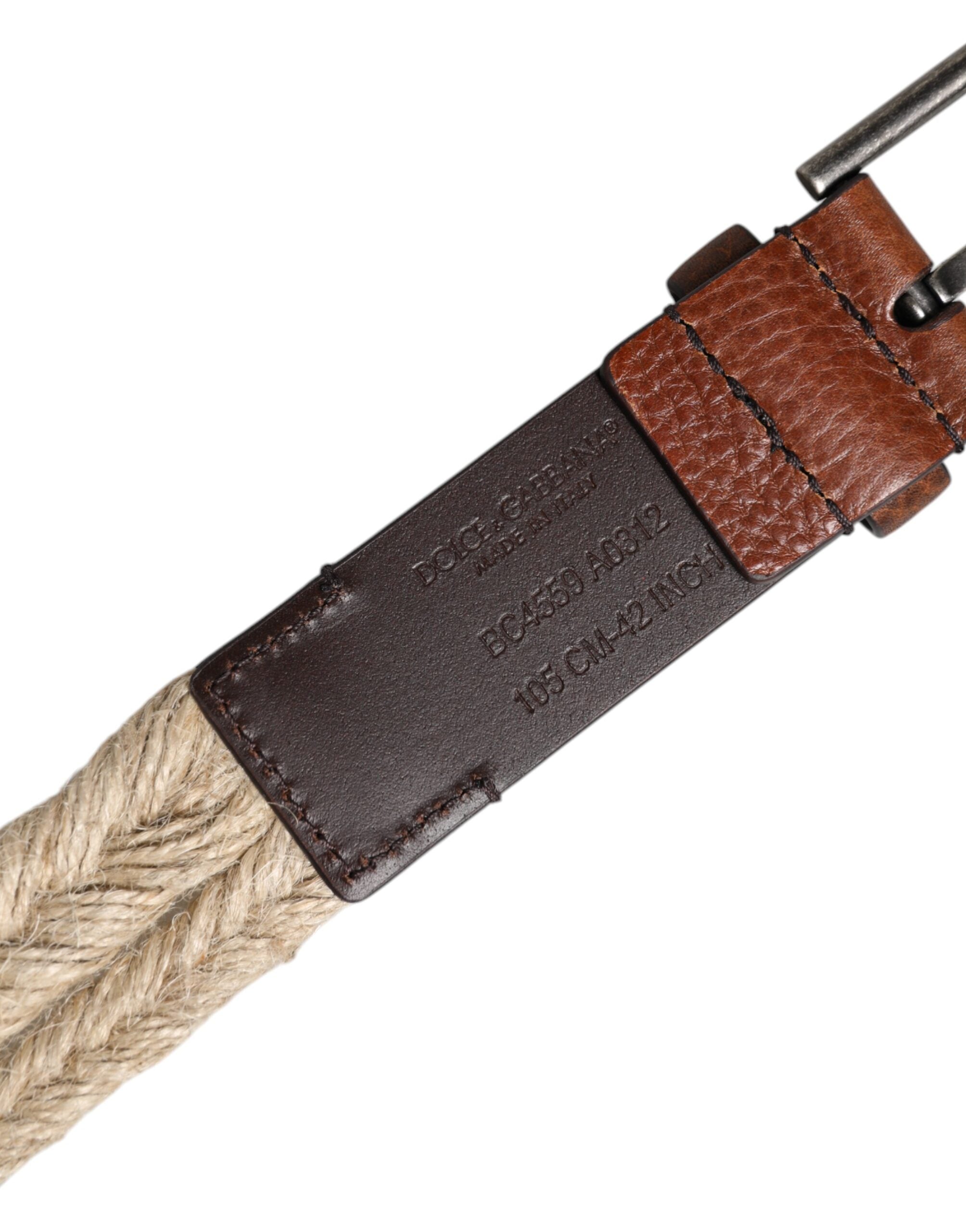 Dolce & Gabbana Brown Jute Leather Woven Metal Buckle Belt - Zeiniez