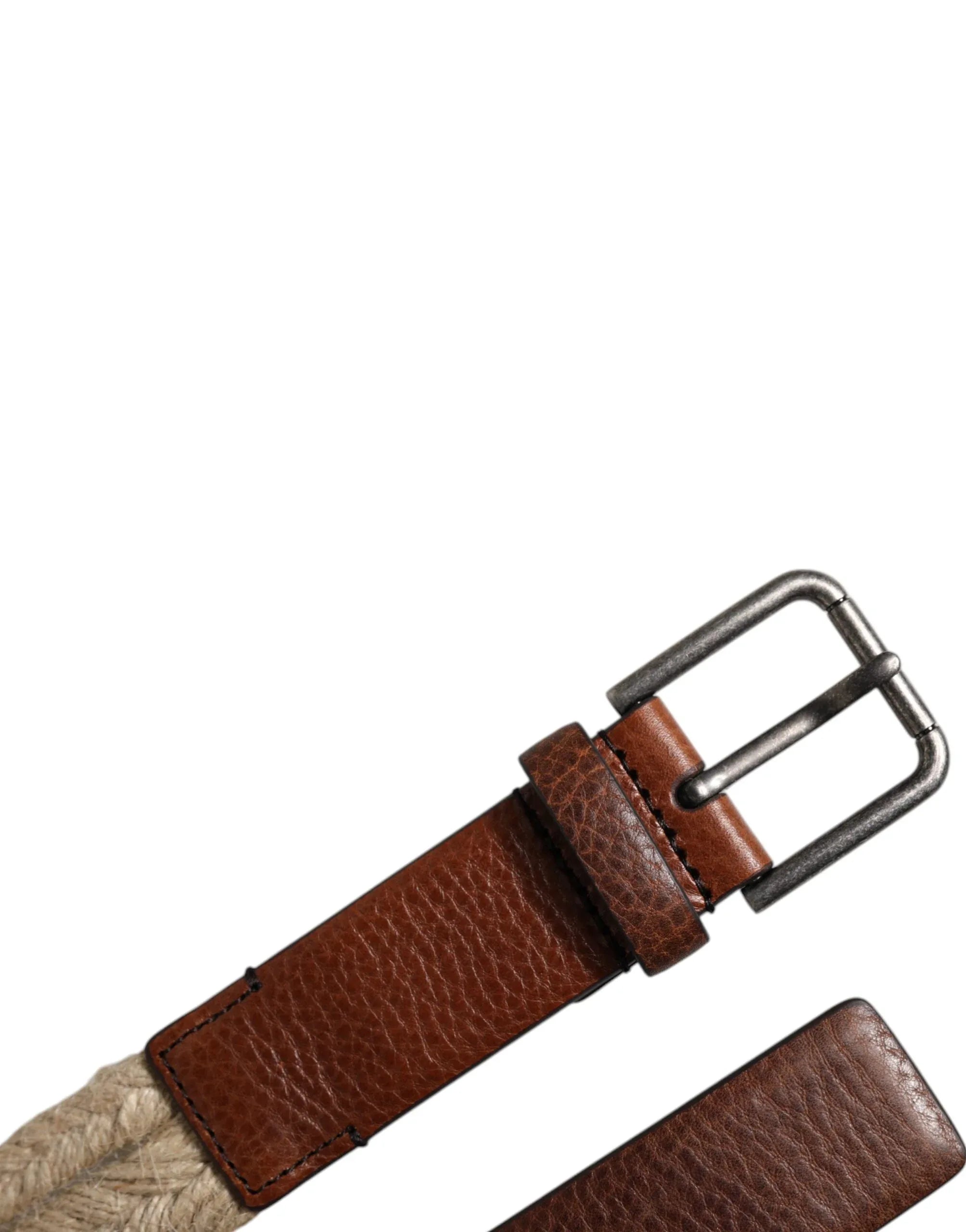 Dolce & Gabbana Brown Jute Leather Woven Metal Buckle Belt - Zeiniez