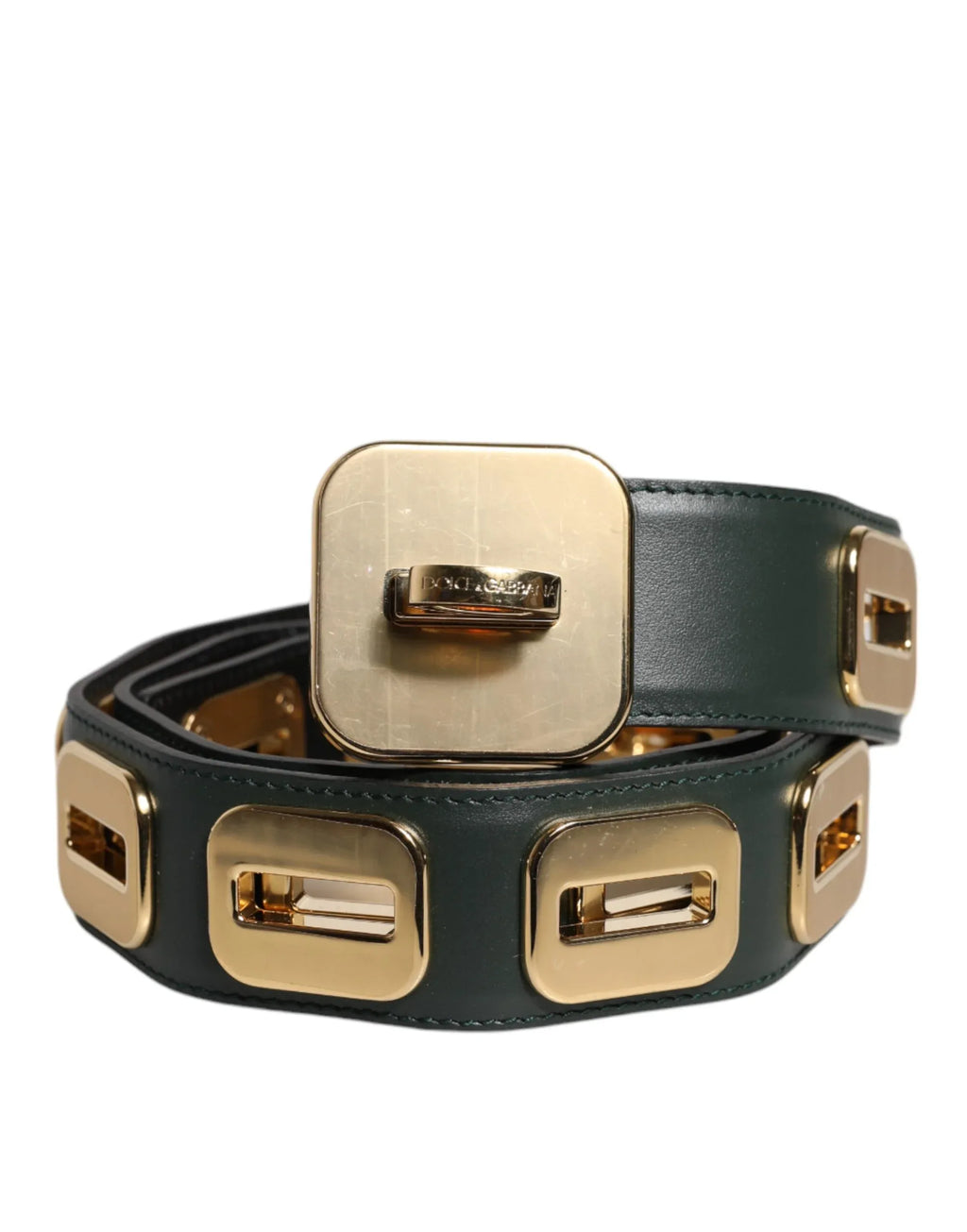 Dolce & Gabbana Green Leather Gold Tone Rotating Buckle Belt - Zeiniez