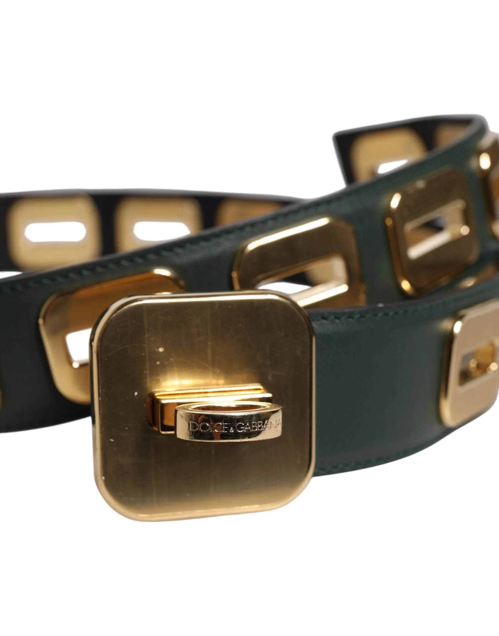 Dolce & Gabbana Green Leather Gold Tone Rotating Buckle Belt - Zeiniez