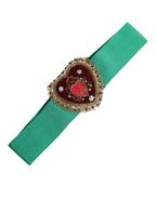 Dolce & Gabbana Green Stretch Wide Waist Heart Embellished Belt - Zeiniez
