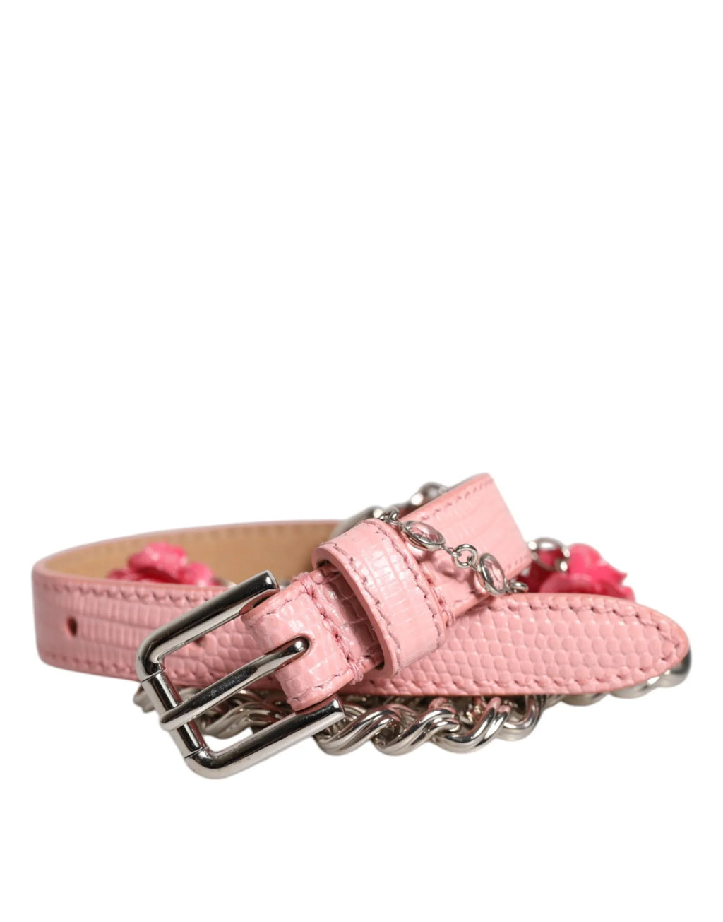 Dolce & Gabbana Pink Embelished Roses Textured Leather Belt - Zeiniez