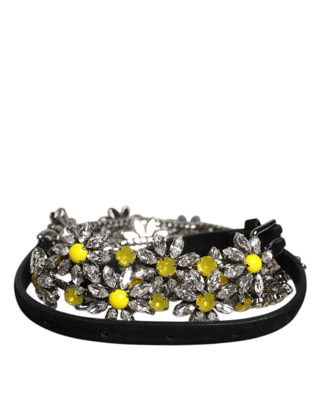 Dolce & Gabbana Black Leather Daisy Crystal Embellish Waist Belt - Zeiniez
