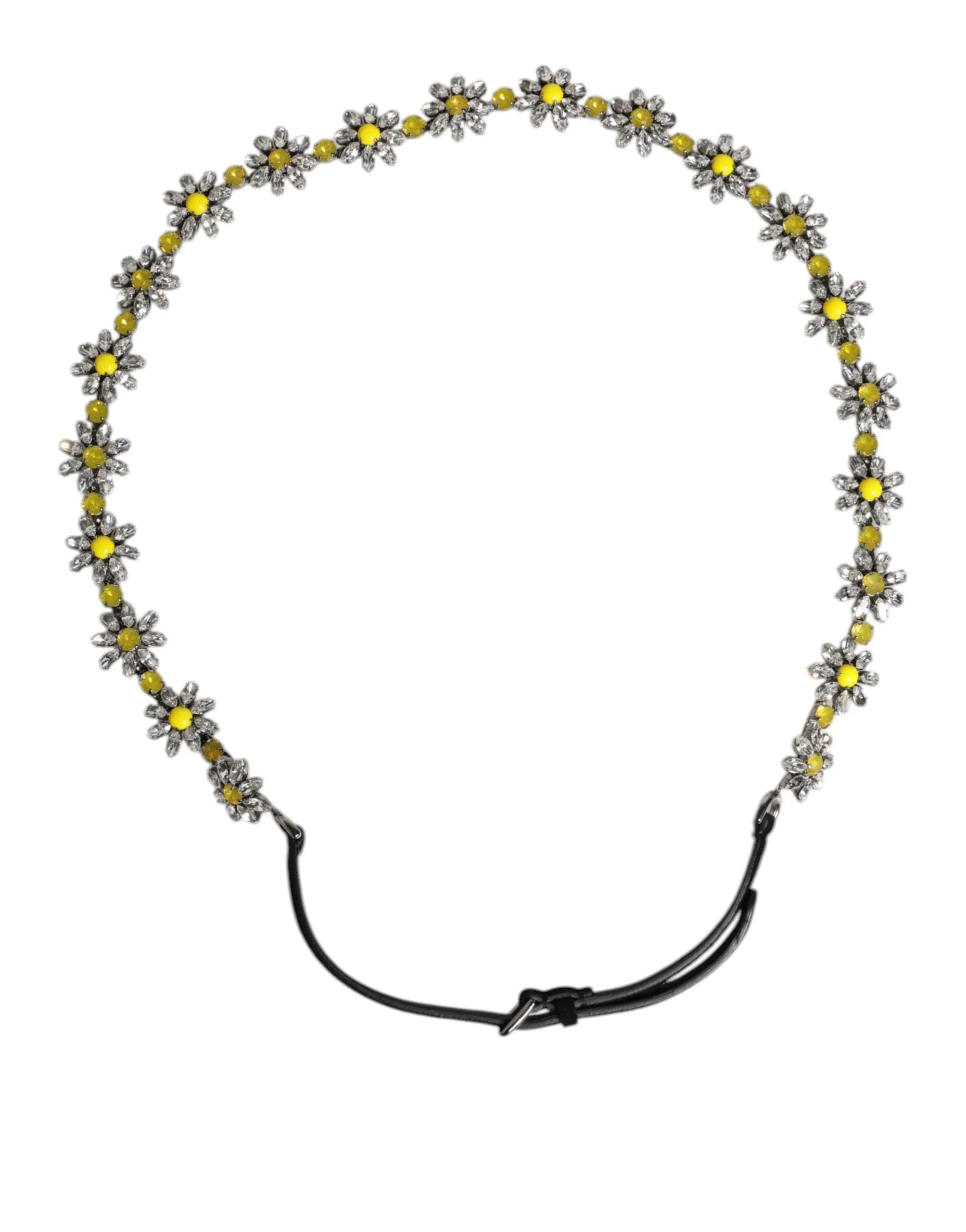 Dolce & Gabbana Black Leather Daisy Crystal Embellish Waist Belt - Zeiniez