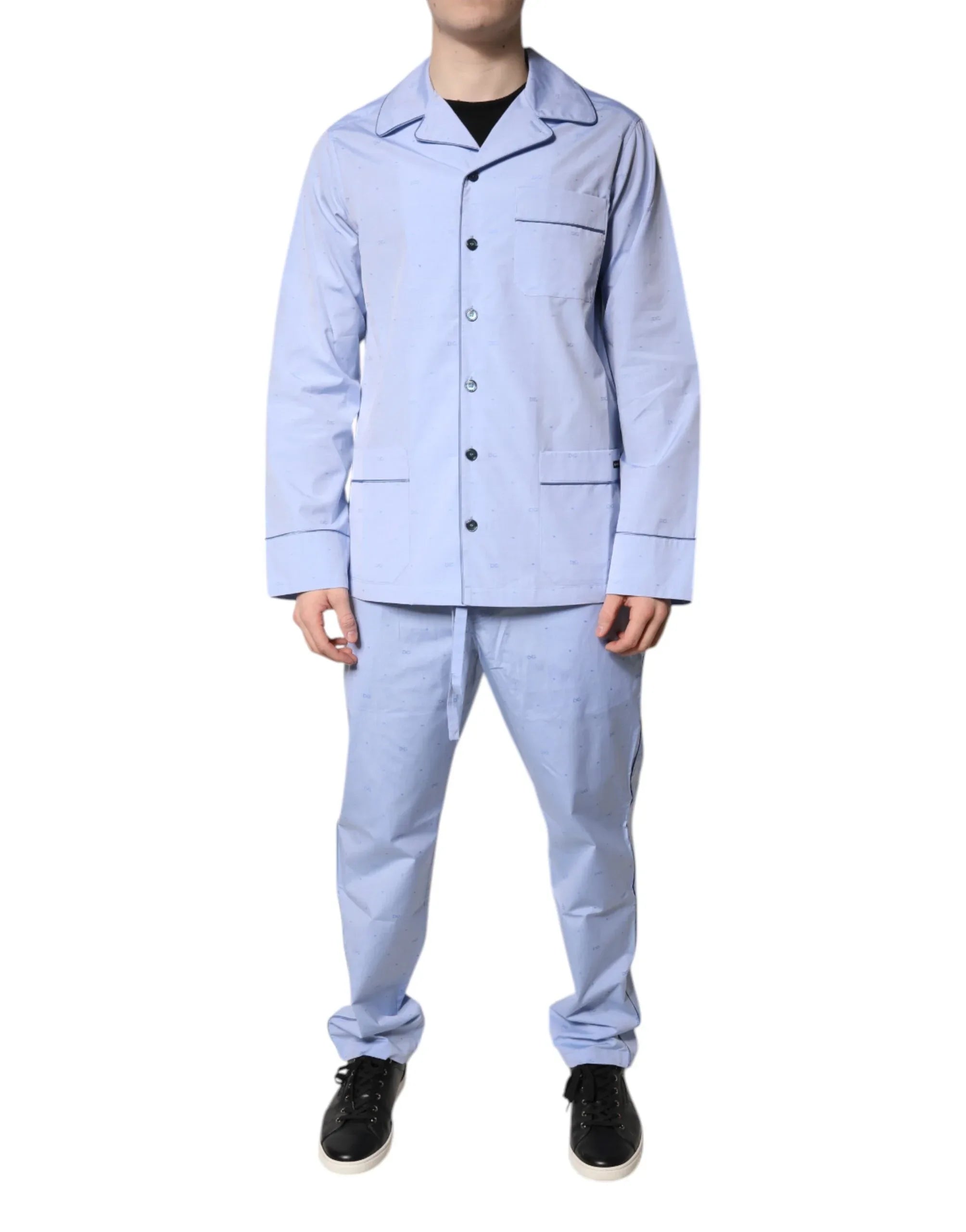Dolce & Gabbana Light Blue DG Logo Cotton Men Pajama Set Sleepwear - Zeiniez