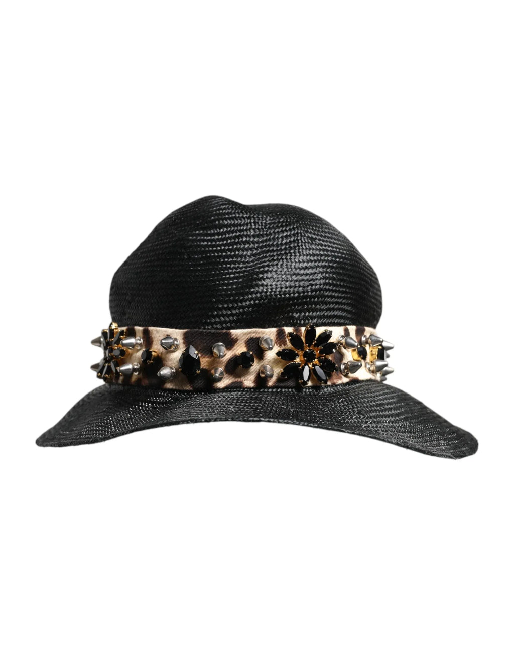 Dolce & Gabbana Black Straw Crystal Embellished Wide Brim Hat - Zeiniez