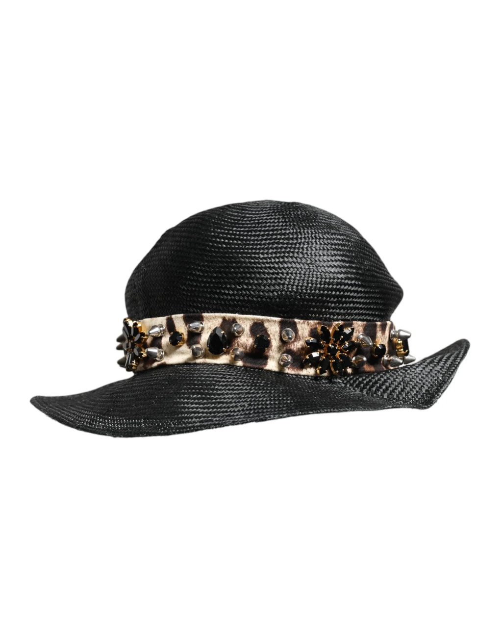 Dolce & Gabbana Black Straw Crystal Embellished Wide Brim Hat - Zeiniez
