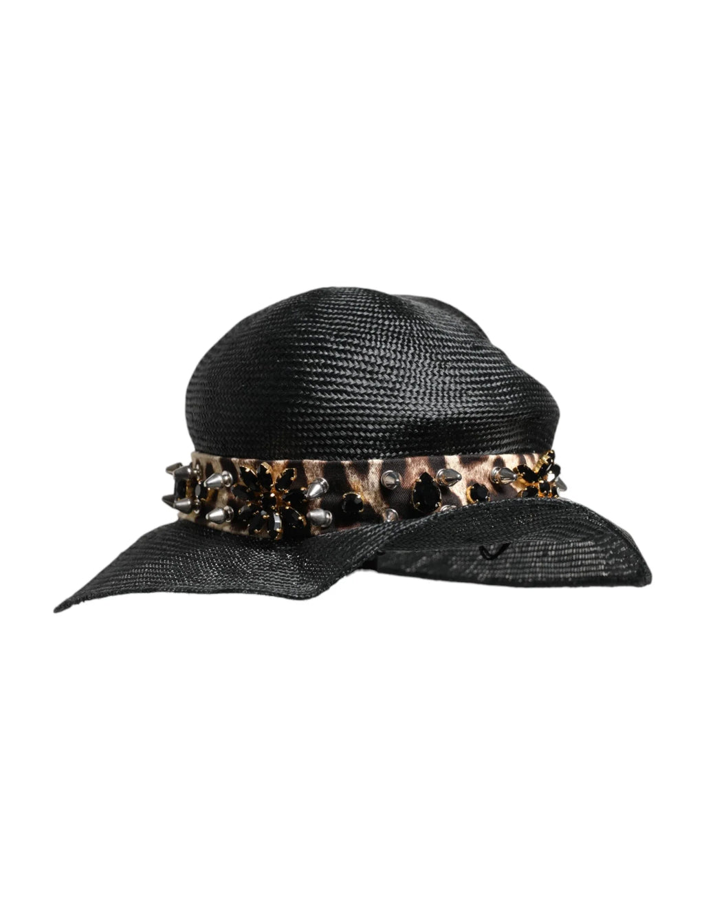 Dolce & Gabbana Black Straw Crystal Embellished Wide Brim Hat - Zeiniez