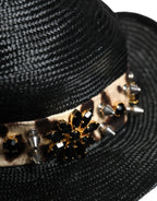 Dolce & Gabbana Black Straw Crystal Embellished Wide Brim Hat - Zeiniez