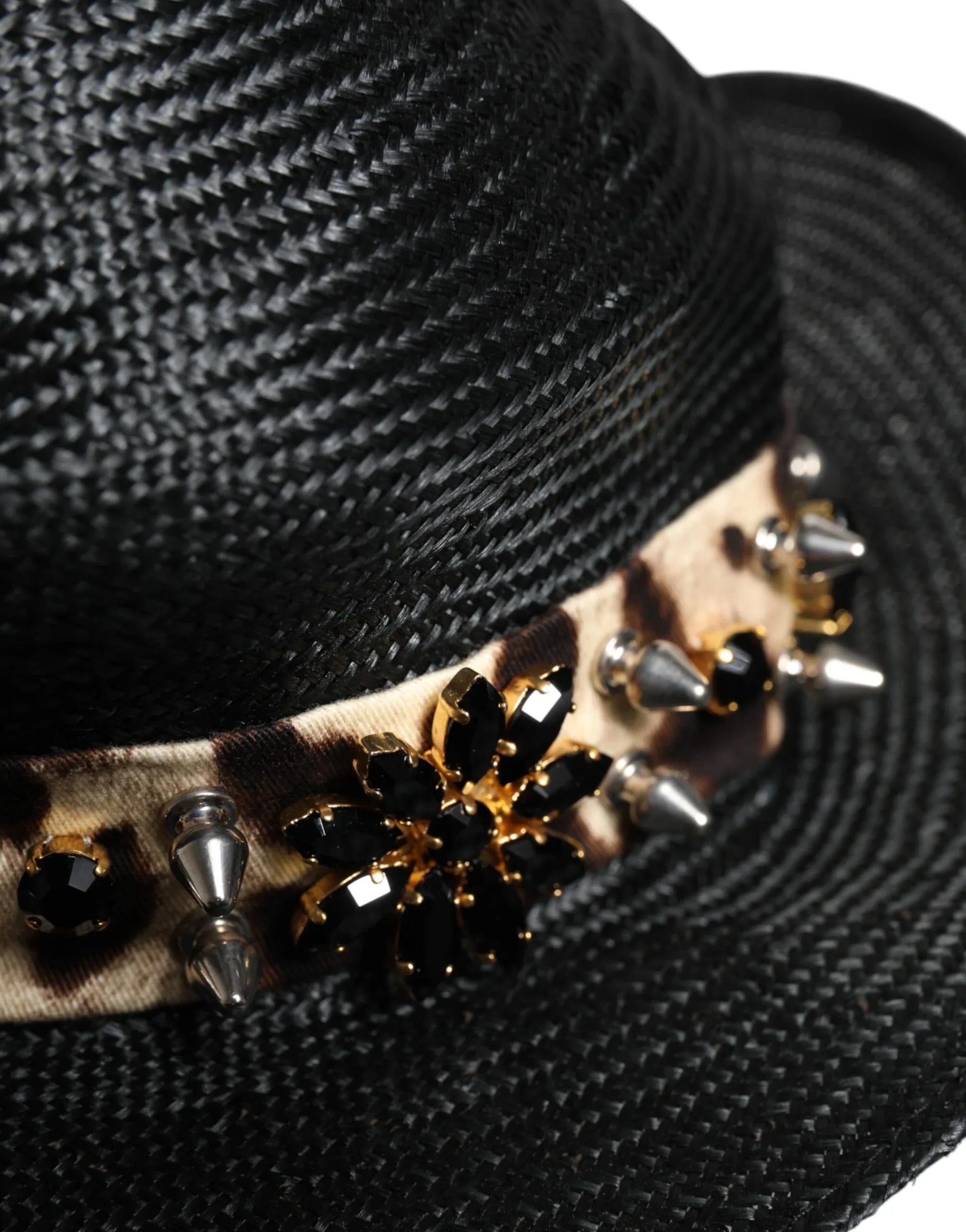 Dolce & Gabbana Black Straw Crystal Embellished Wide Brim Hat - Zeiniez