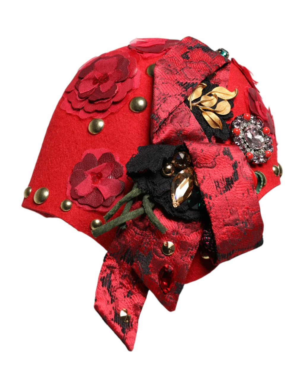 Dolce & Gabbana Red Crystal Gold Roses Brooch Embellished Hat - Zeiniez