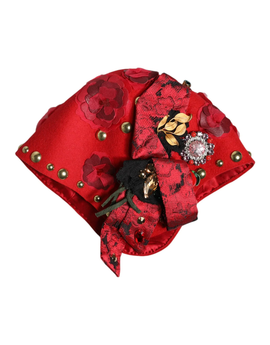 Dolce & Gabbana Red Crystal Gold Roses Brooch Embellished Hat - Zeiniez
