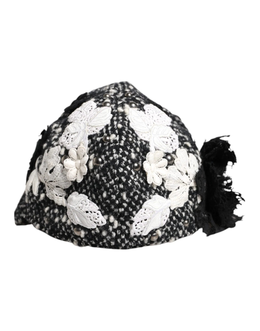 Dolce & Gabbana Black Wool White Floral Embellished Cloche Hat - Zeiniez