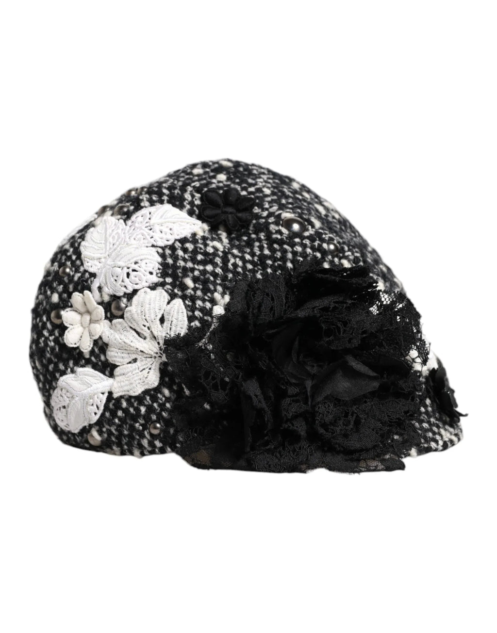 Dolce & Gabbana Black Wool White Floral Embellished Cloche Hat - Zeiniez