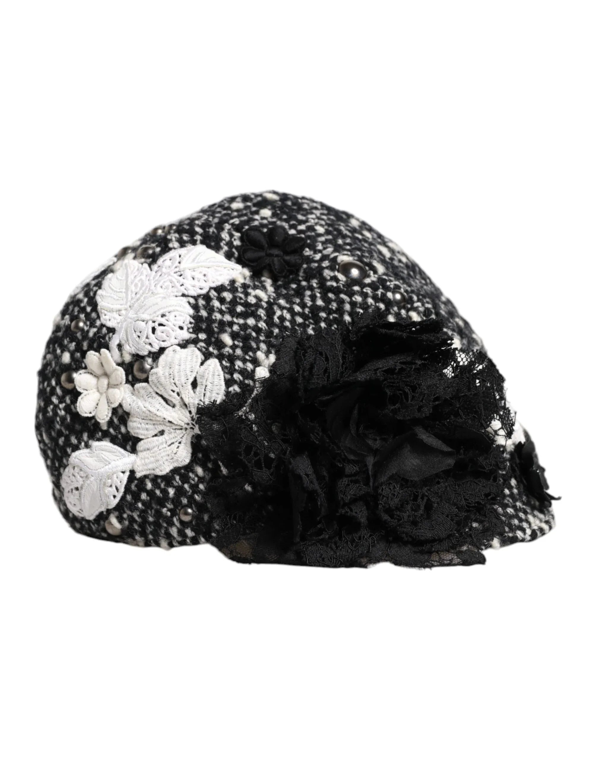 Dolce & Gabbana Black Wool White Floral Embellished Cloche Hat - Zeiniez