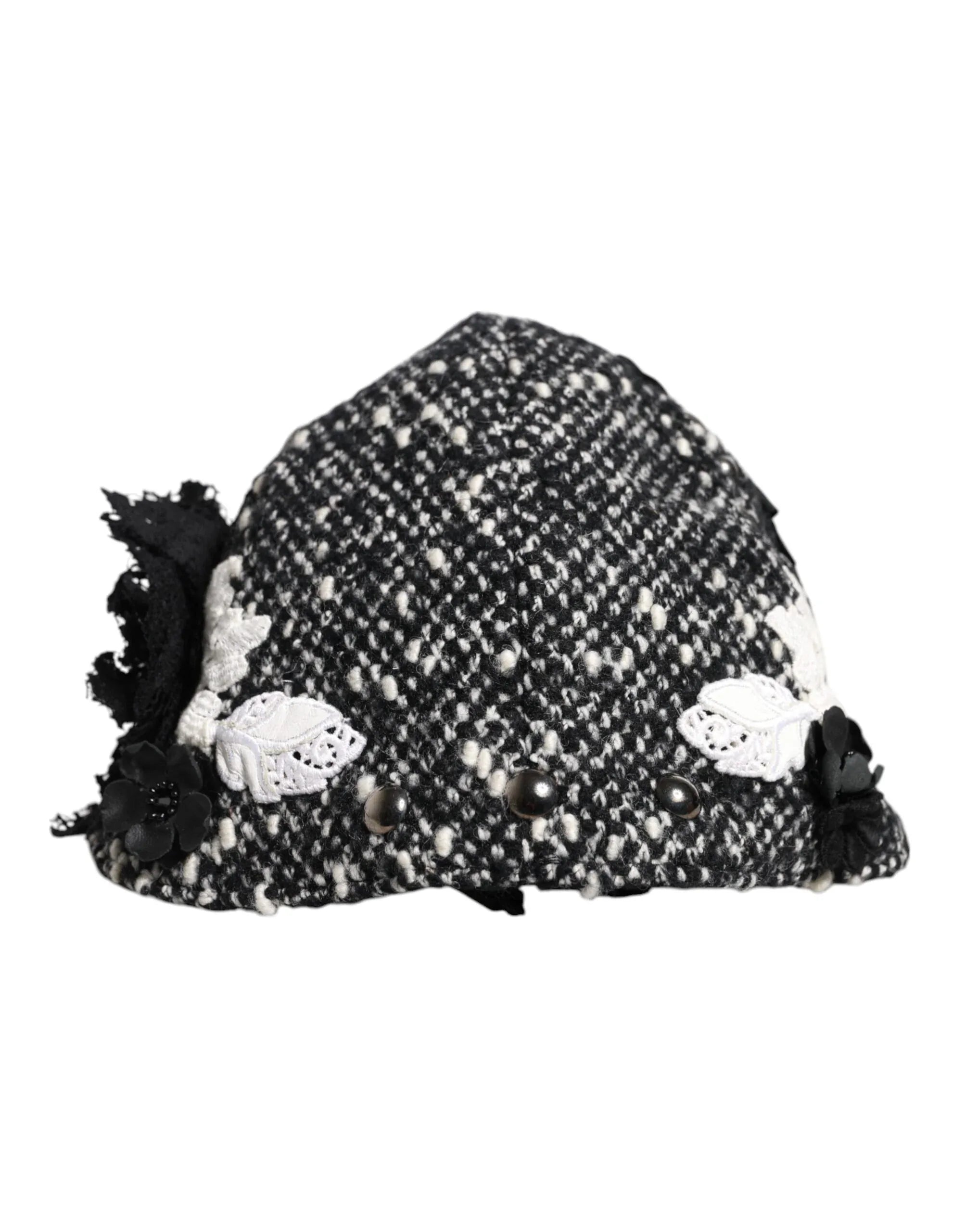 Dolce & Gabbana Black Wool White Floral Embellished Cloche Hat - Zeiniez