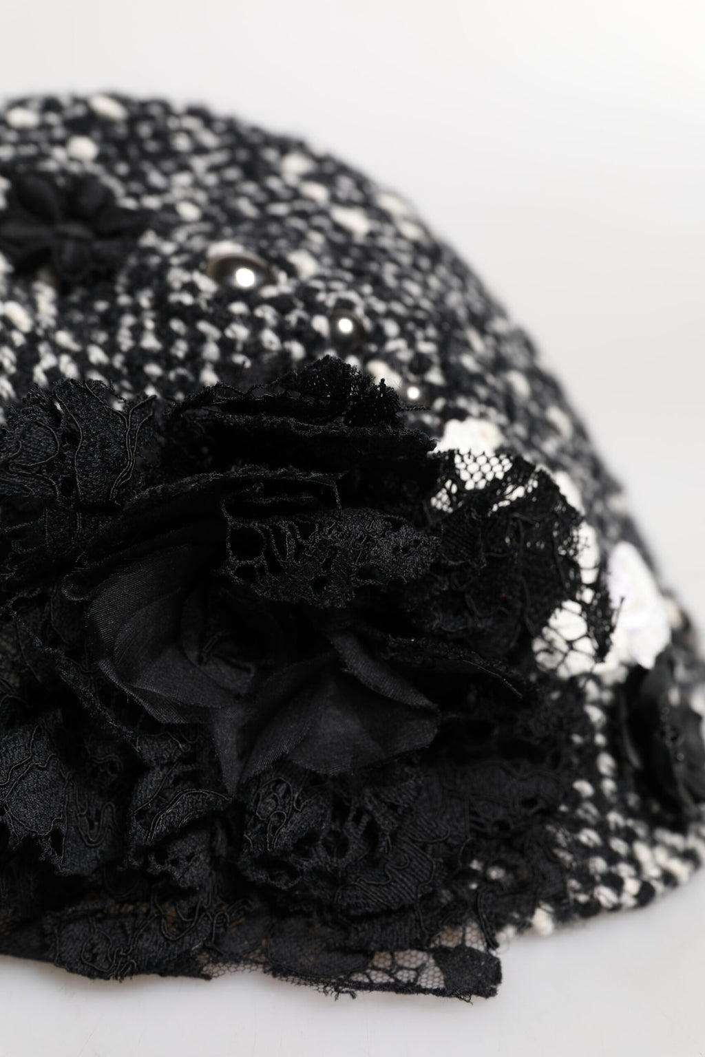 Dolce & Gabbana Black Wool White Floral Embellished Cloche Hat