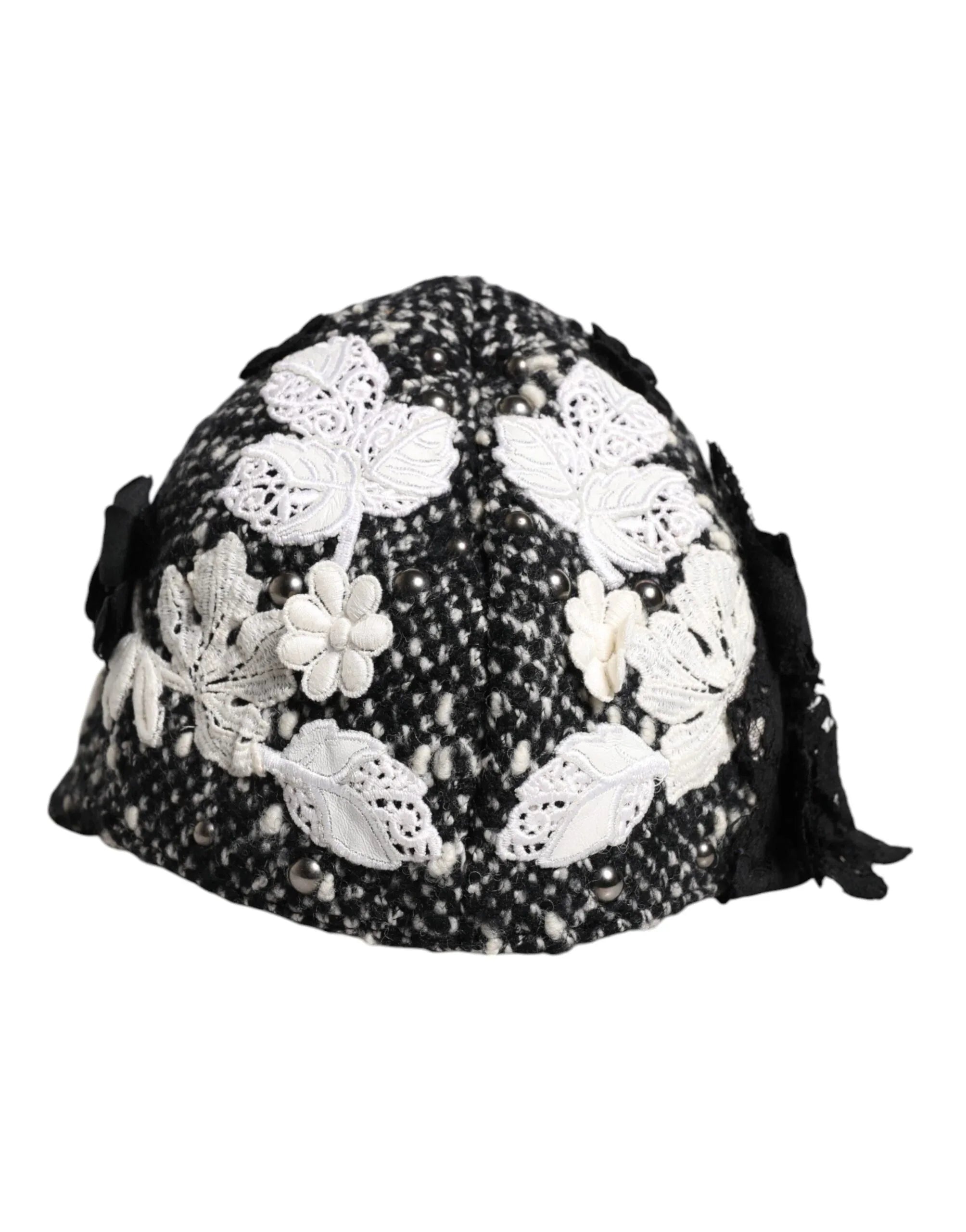 Dolce & Gabbana Black Wool White Floral Embellished Cloche Hat - Zeiniez