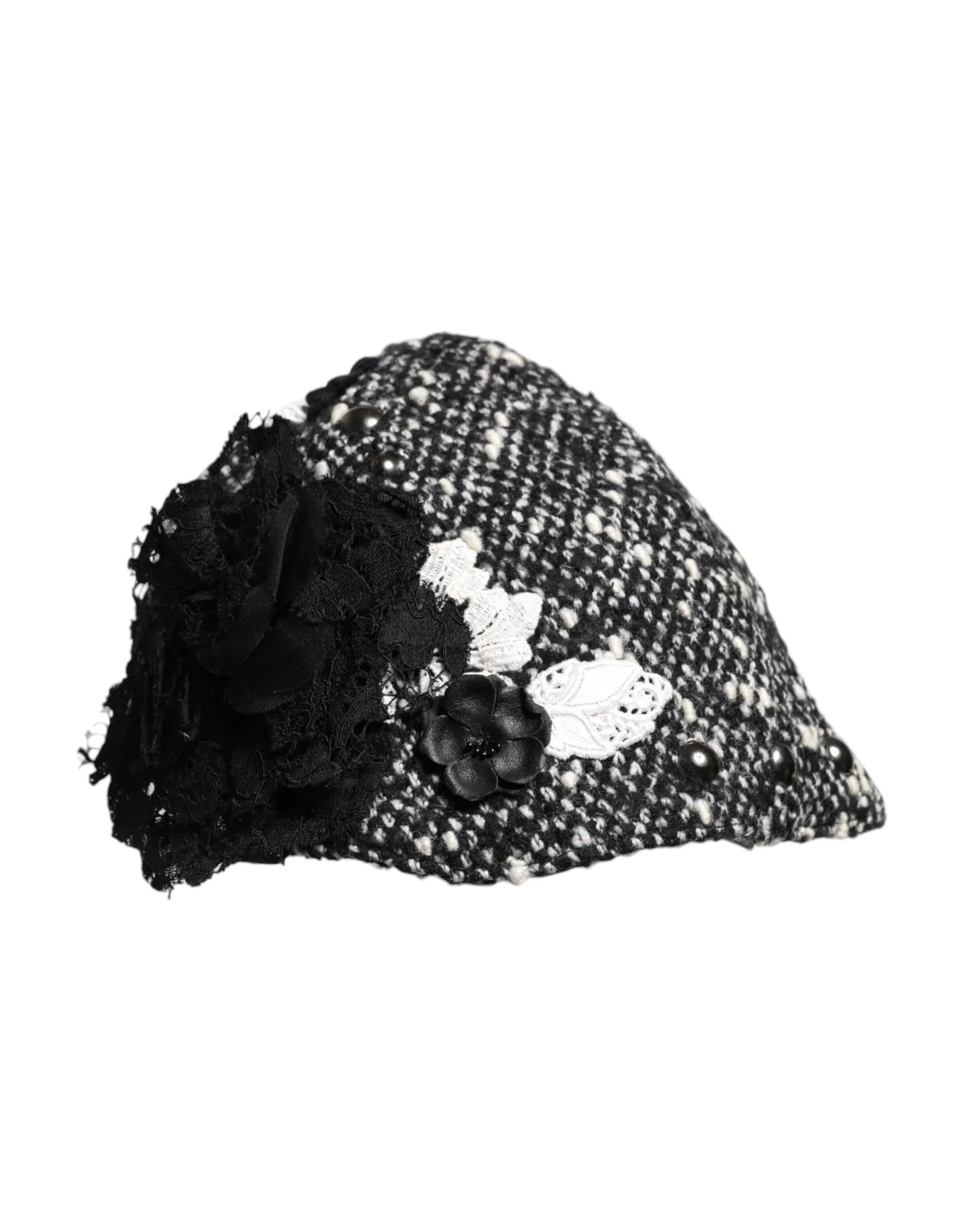 Dolce & Gabbana Black Wool White Floral Embellished Cloche Hat - Zeiniez