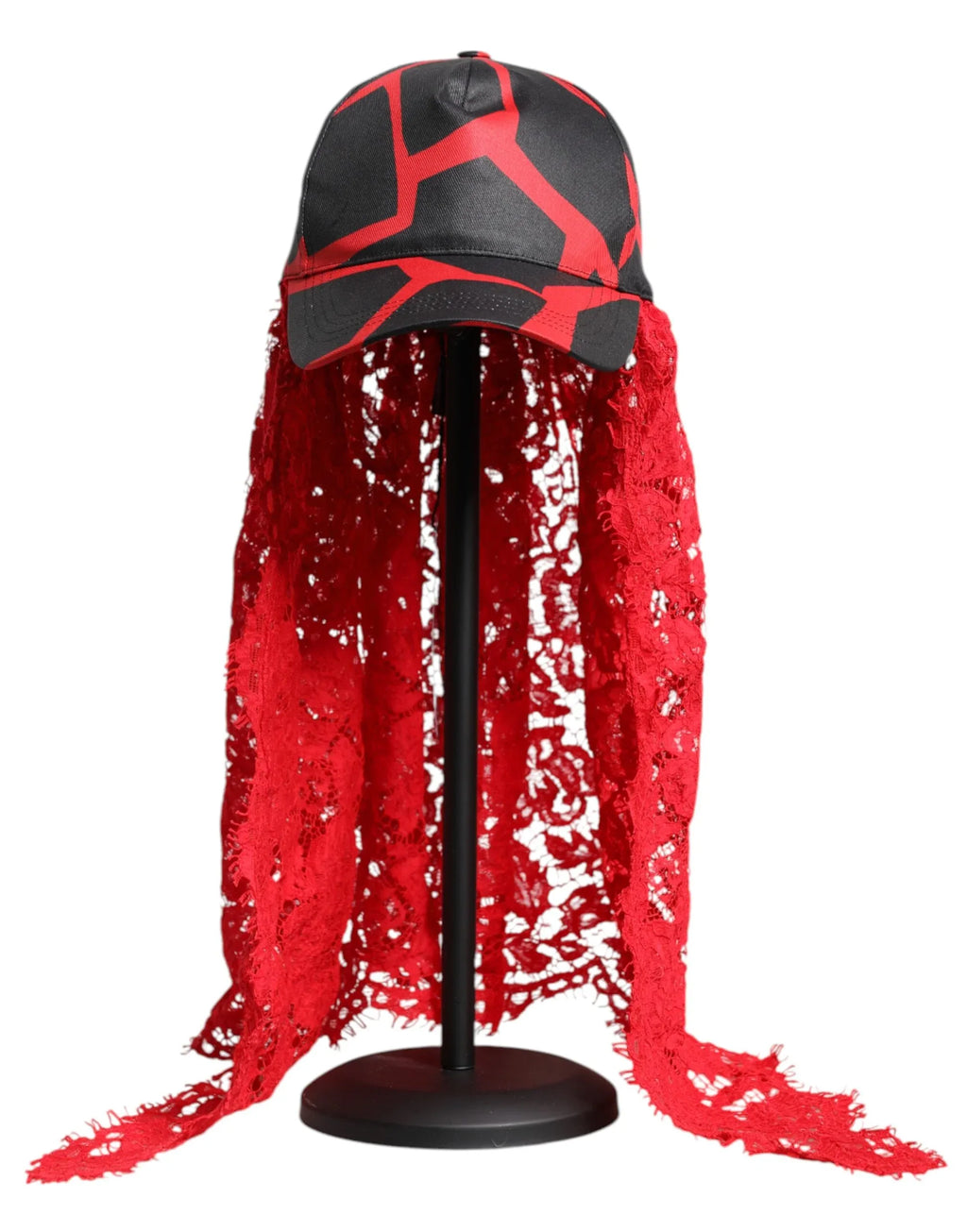 Dolce & Gabbana Red Black Lace Tulle Cotton Baseball Cap - Zeiniez