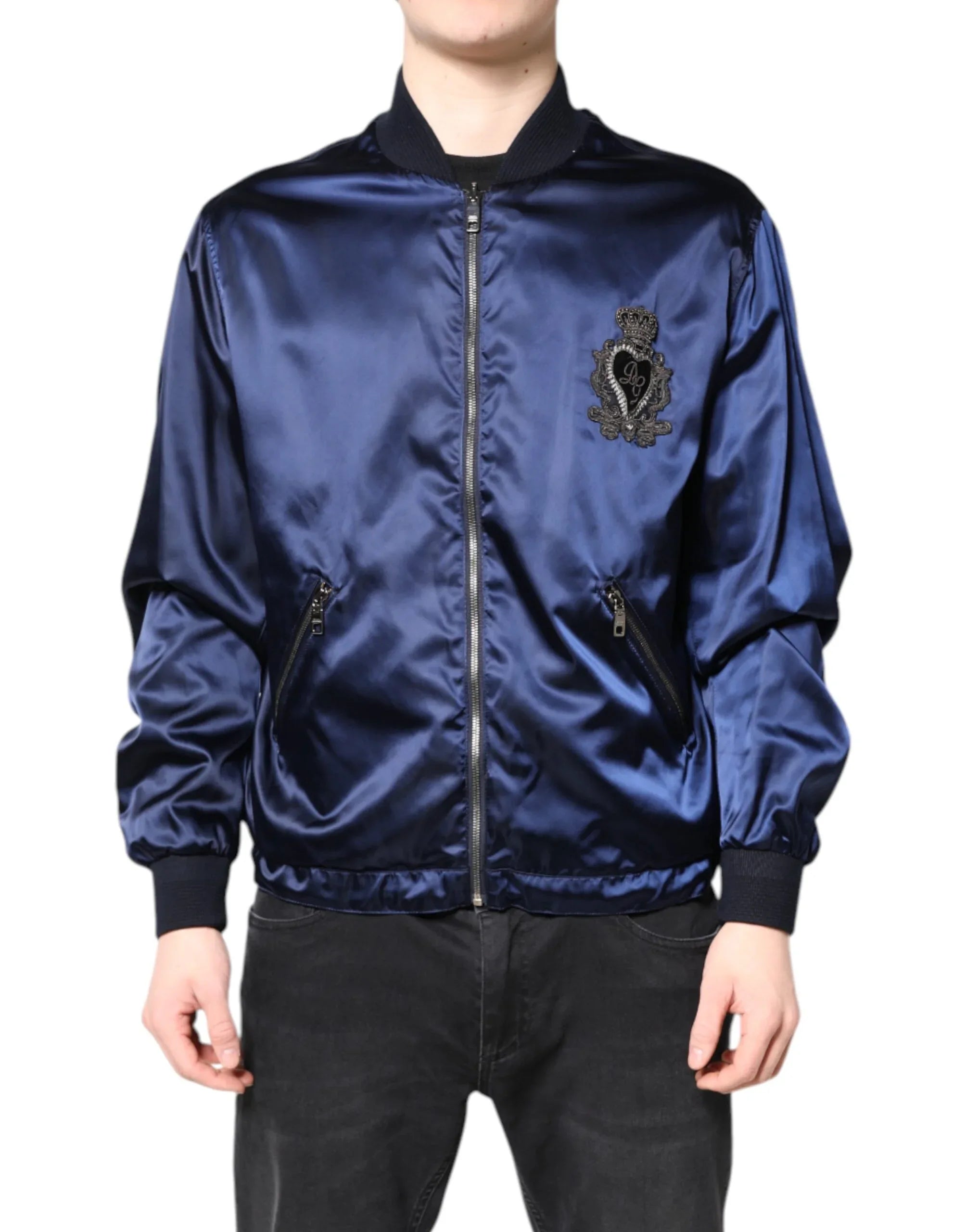 Dolce & Gabbana Blue Nylon DG Crown Full Zip Bomber Jacket - Zeiniez