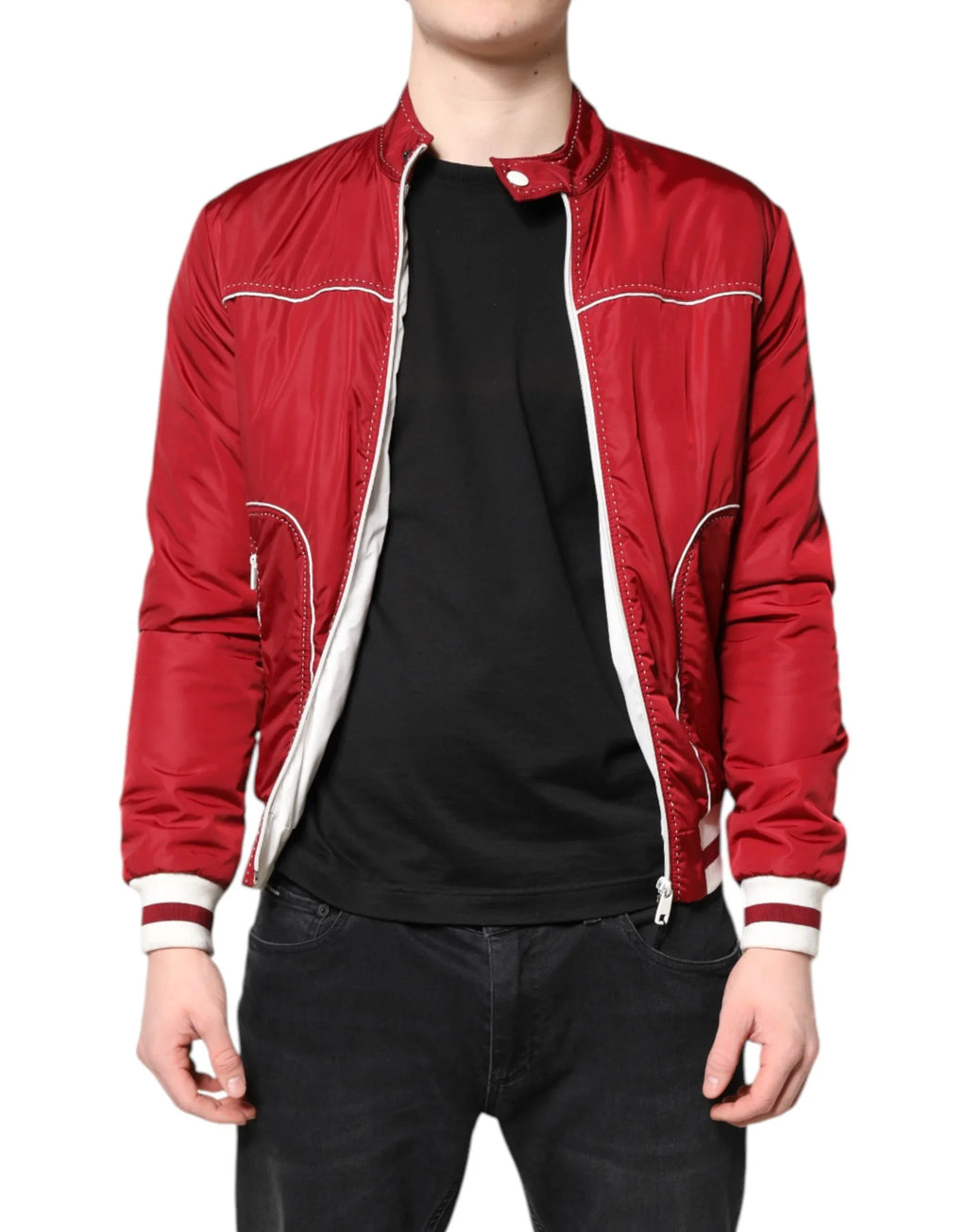 Dolce & Gabbana Red White Nylon Full Zip Men Bomber Jacket - Zeiniez