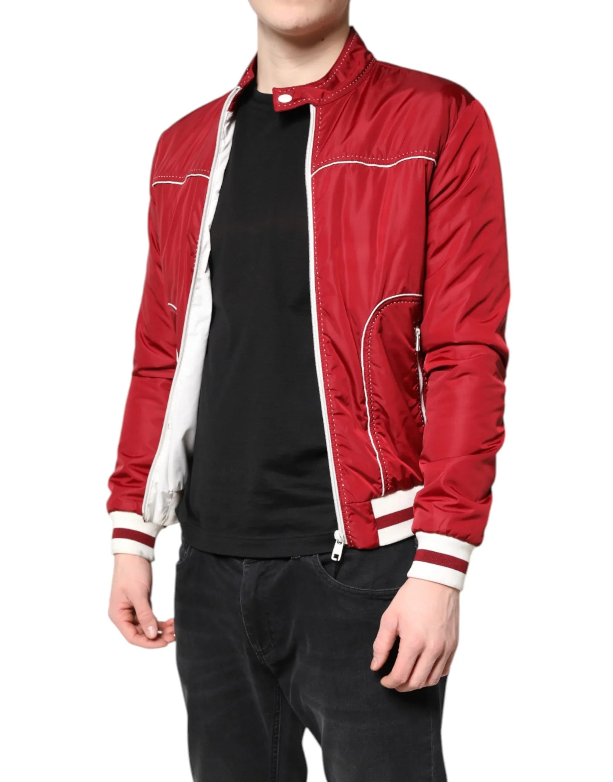 Dolce & Gabbana Red White Nylon Full Zip Men Bomber Jacket - Zeiniez