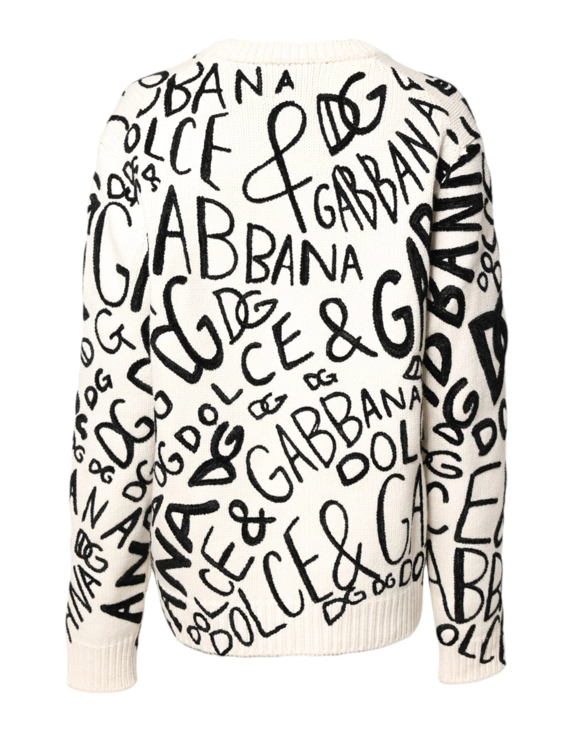 Dolce & Gabbana White Black Logo Print Women Pullover Sweater - Zeiniez