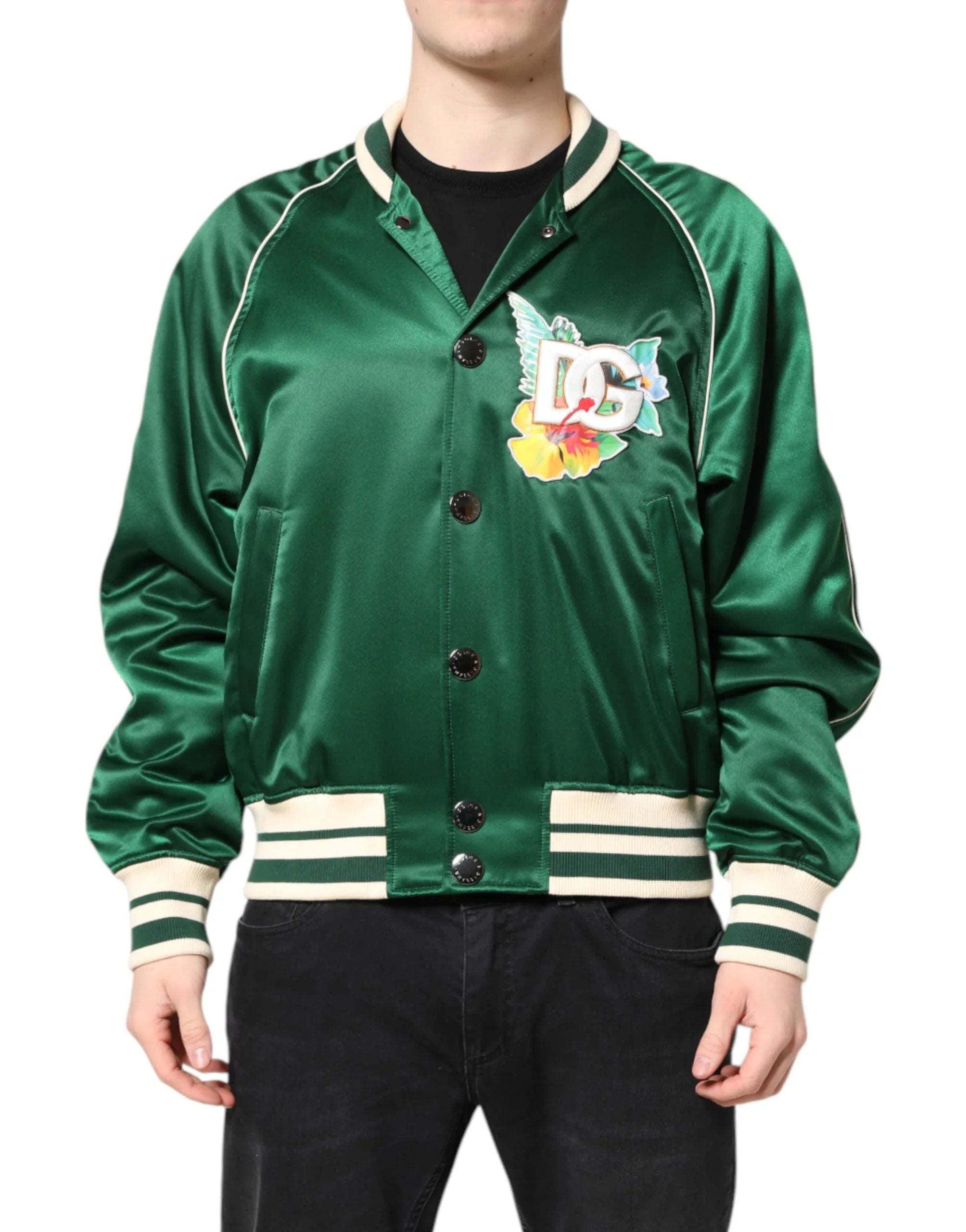 Dolce & Gabbana Green Floral DG Logo Full Zip Bomber Jacket - Zeiniez