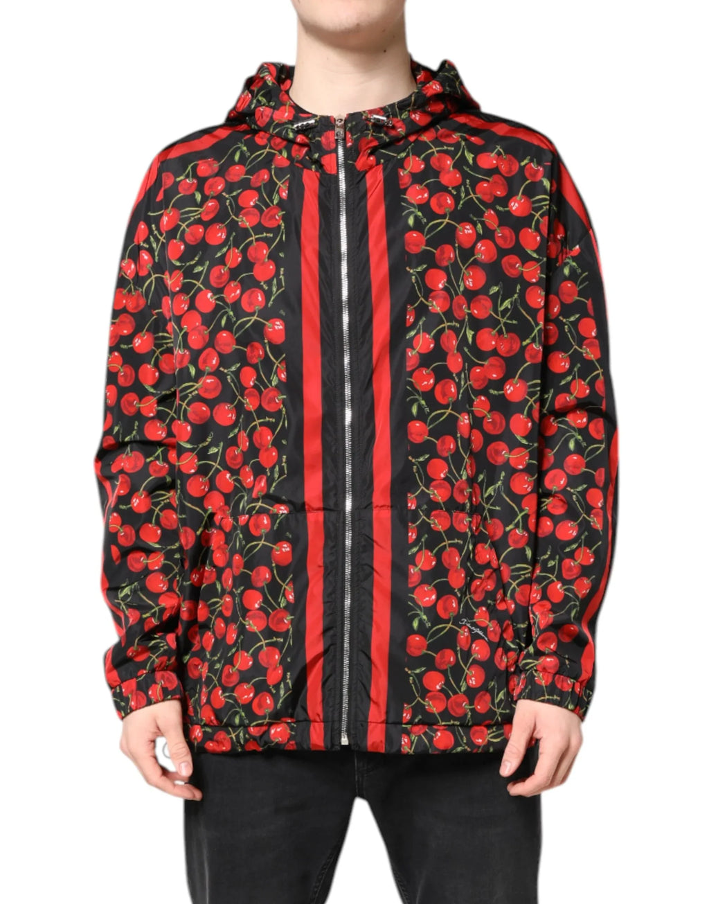 Dolce & Gabbana Black Cherry Print Hooded Windbreaker Jacket - Zeiniez