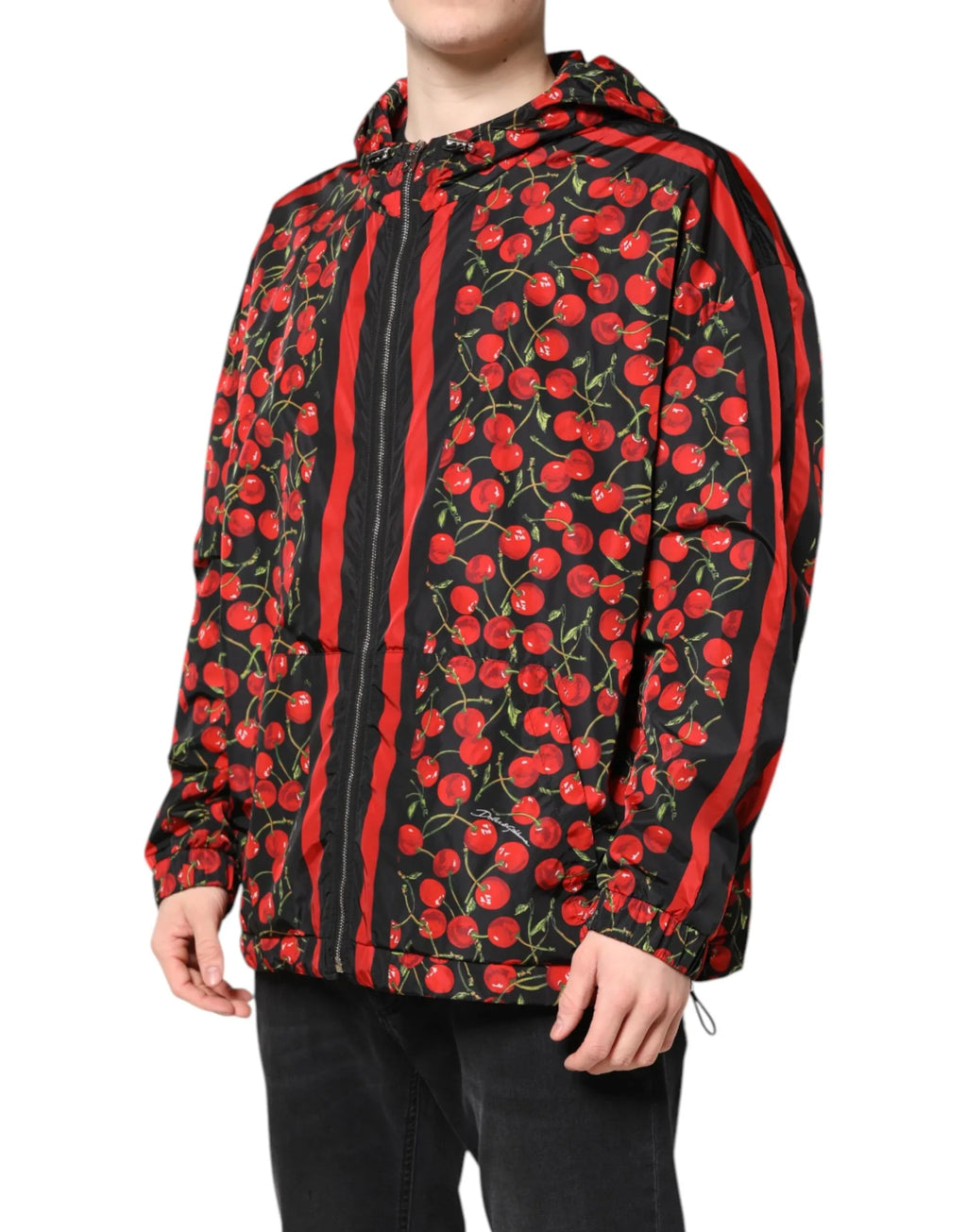 Dolce & Gabbana Black Cherry Print Hooded Windbreaker Jacket - Zeiniez