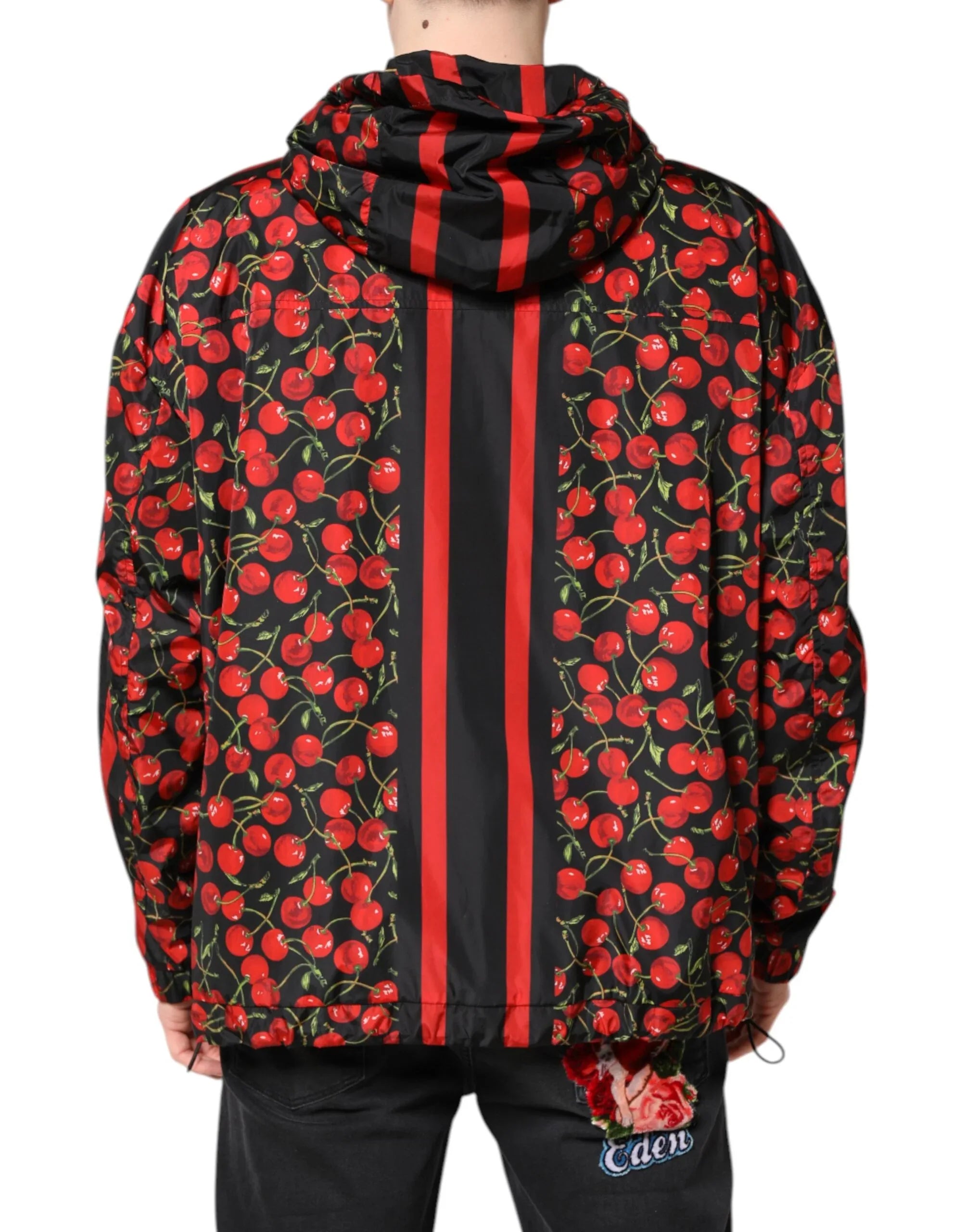 Dolce & Gabbana Black Cherry Print Hooded Windbreaker Jacket - Zeiniez