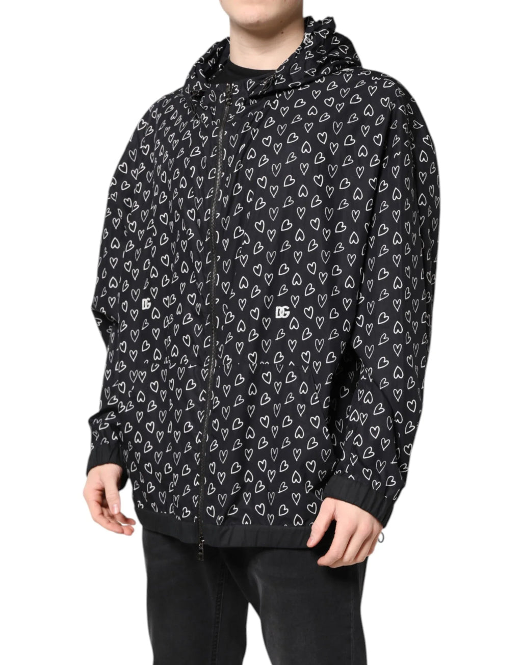 Dolce & Gabbana Black Heart Print Hooded Windbreaker Jacket - Zeiniez