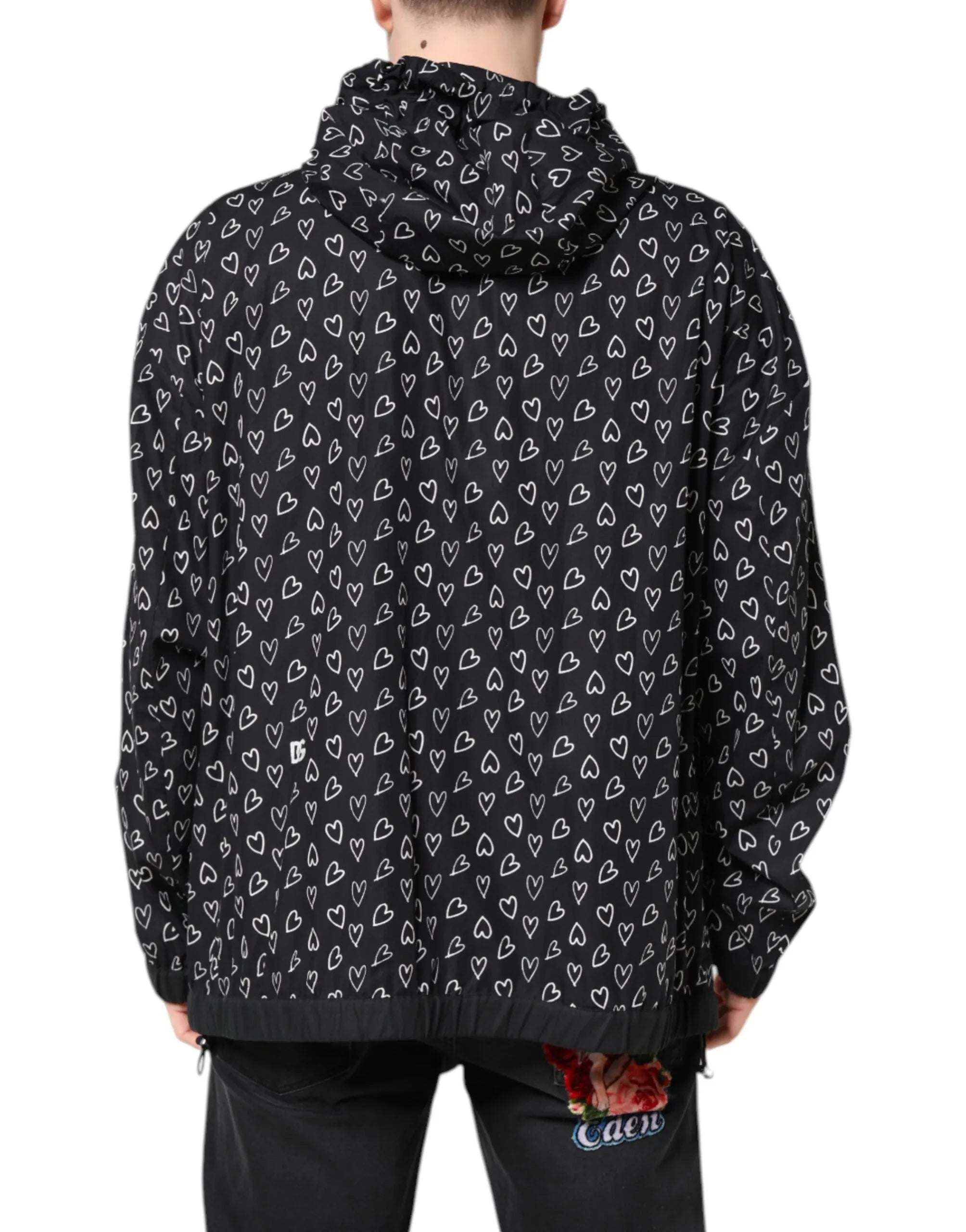 Dolce & Gabbana Black Heart Print Hooded Windbreaker Jacket - Zeiniez
