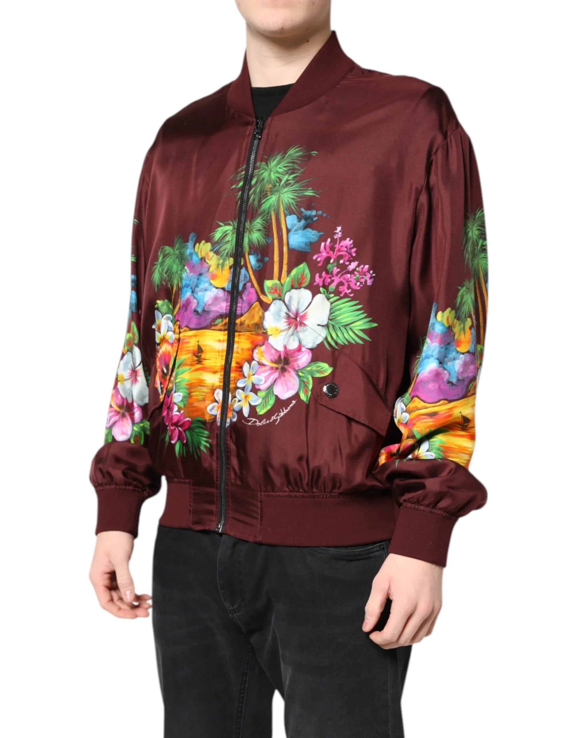 Dolce & Gabbana Maroon Floral Print Full Zip Bomber Jacket - Zeiniez