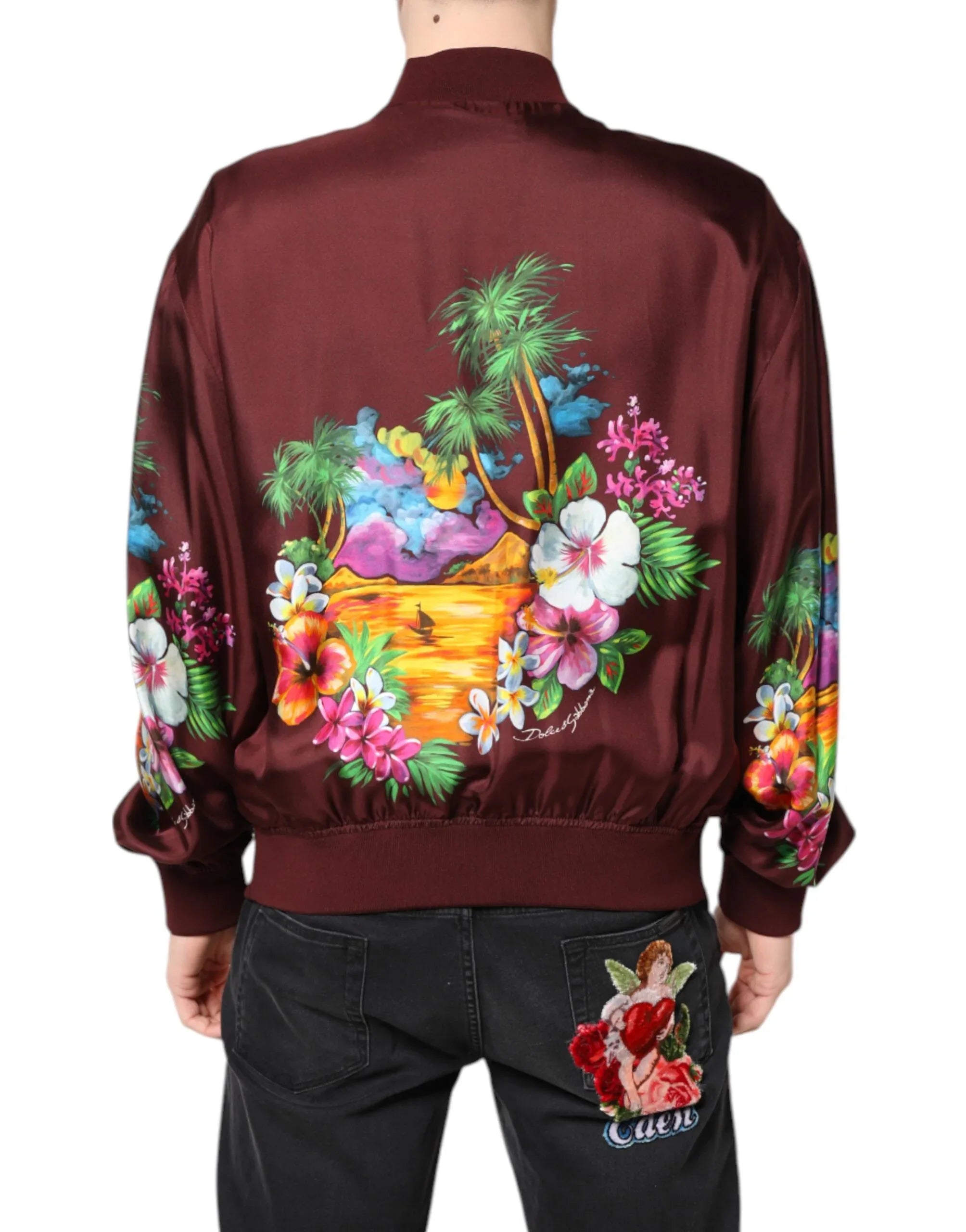 Dolce & Gabbana Maroon Floral Print Full Zip Bomber Jacket - Zeiniez