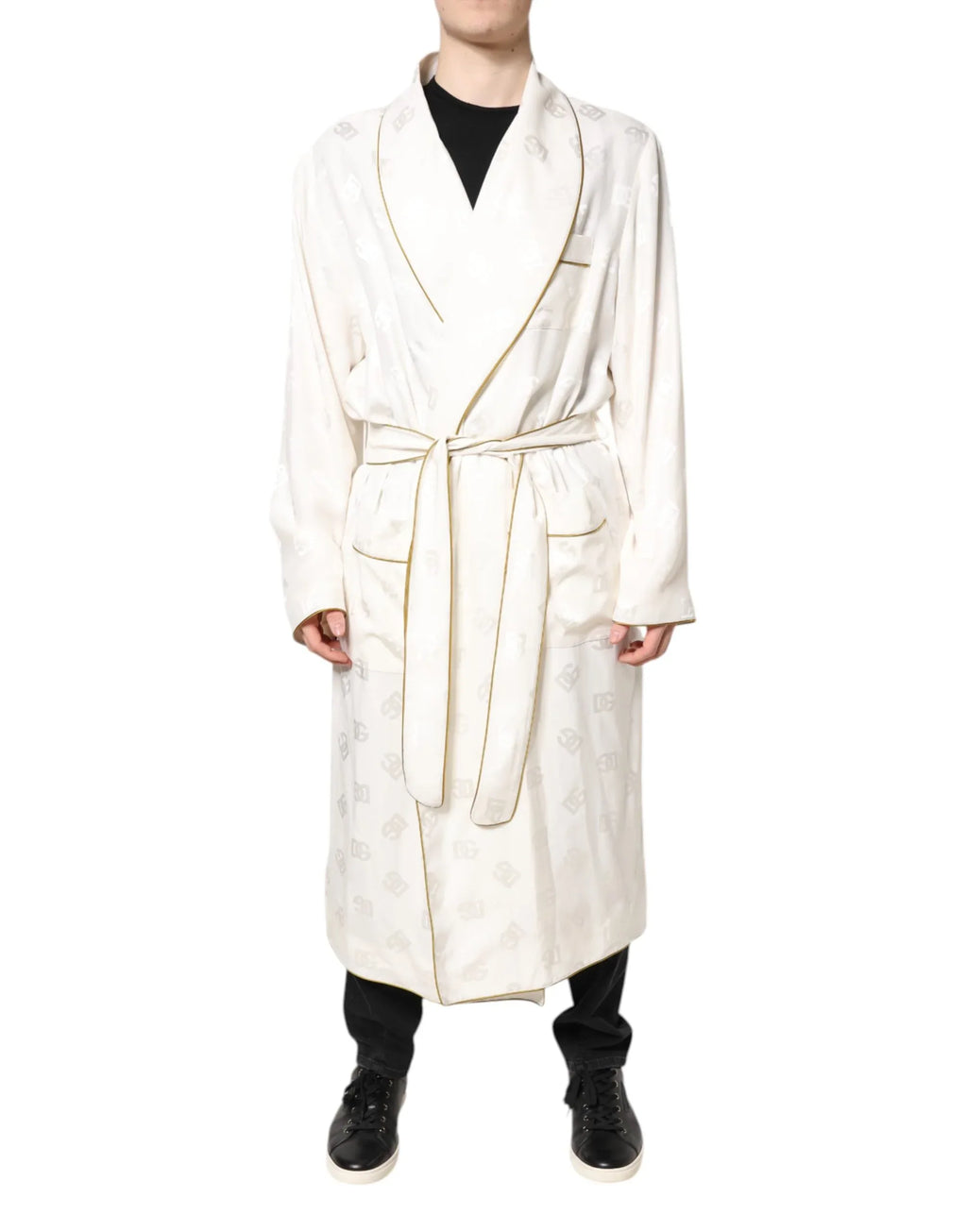 Dolce & Gabbana Ivory Silk Logo Men Wrap Robe Coat Jacket - Zeiniez
