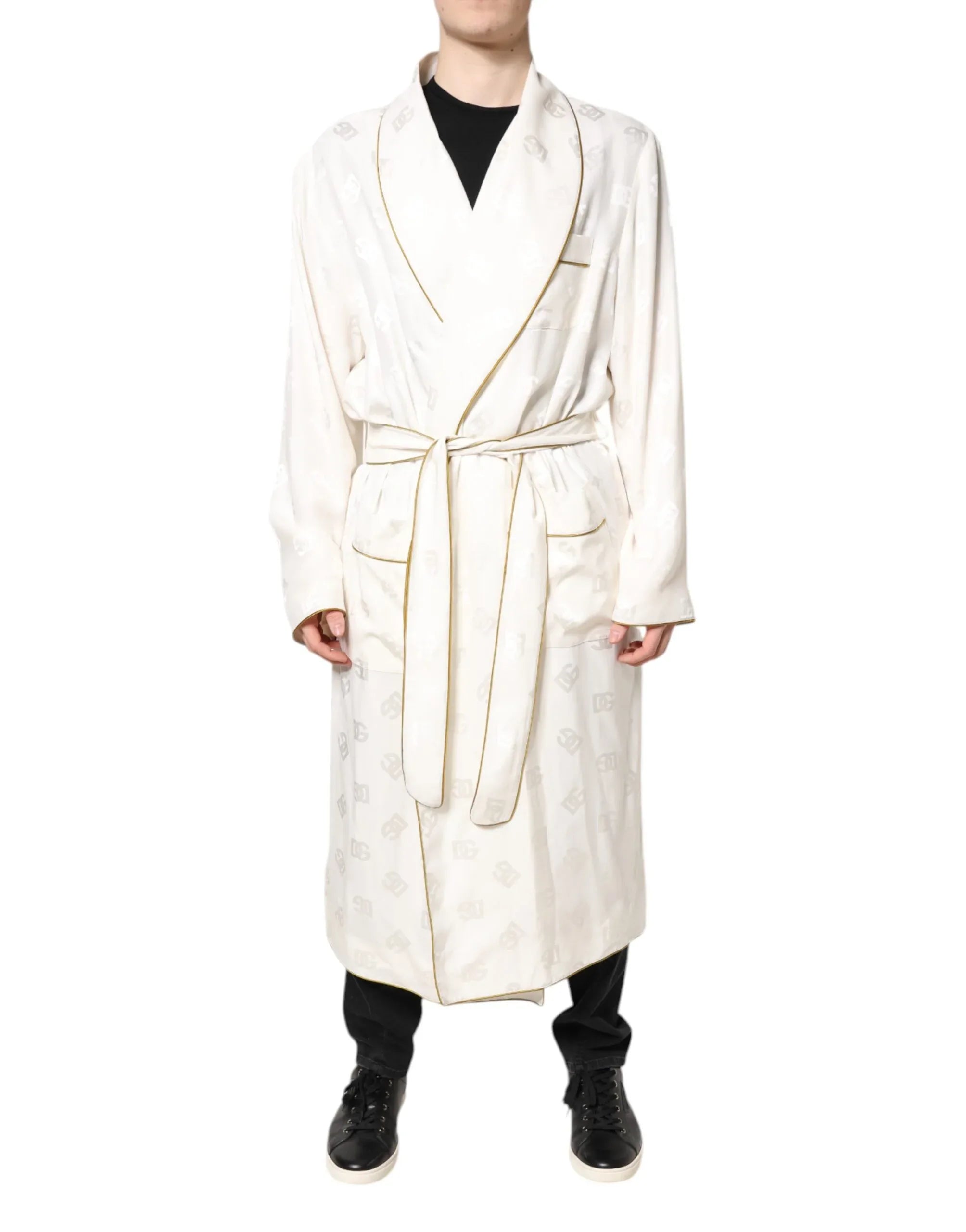 Dolce & Gabbana Ivory Silk Logo Men Wrap Robe Coat Jacket - Zeiniez