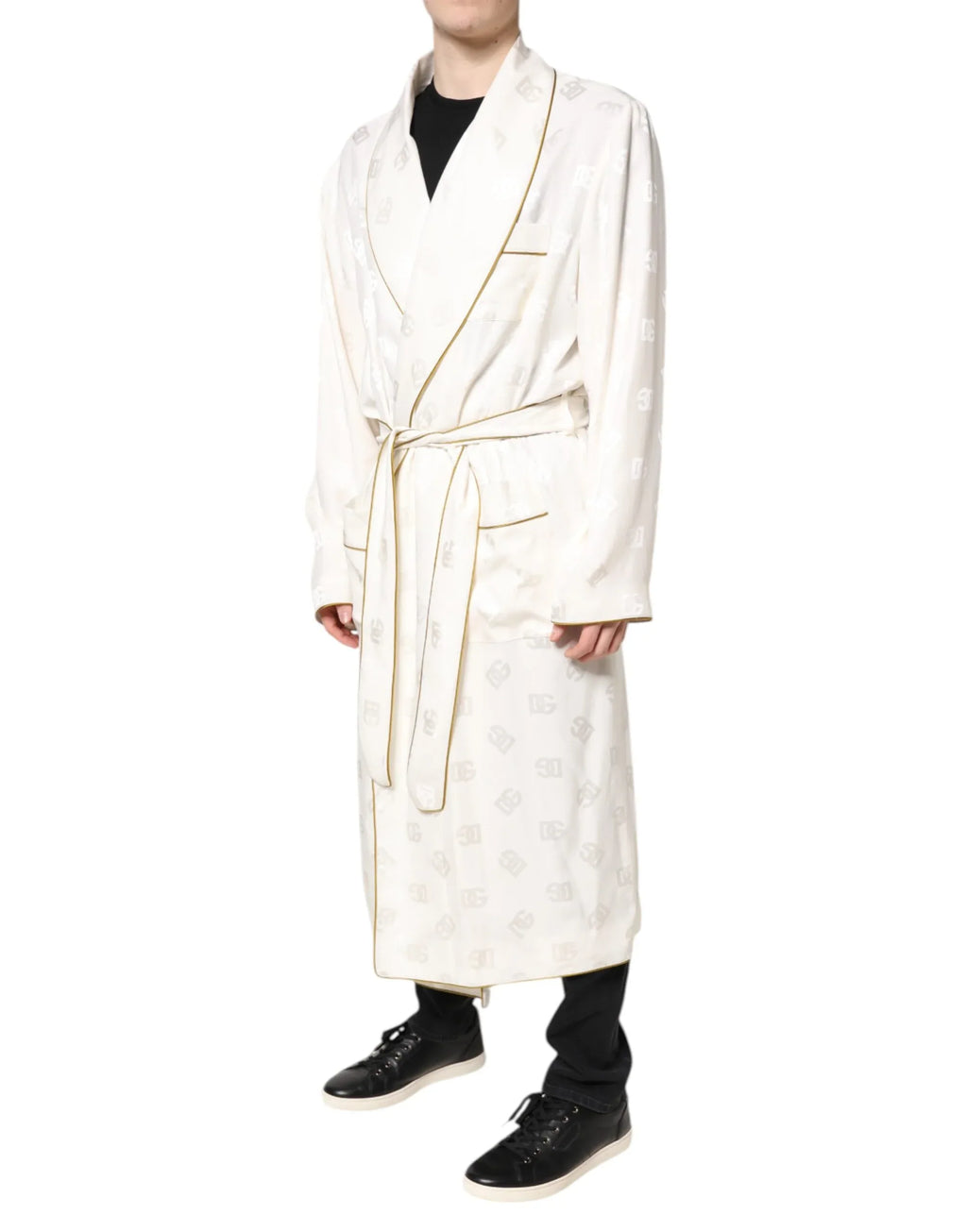 Dolce & Gabbana Ivory Silk Logo Men Wrap Robe Coat Jacket - Zeiniez