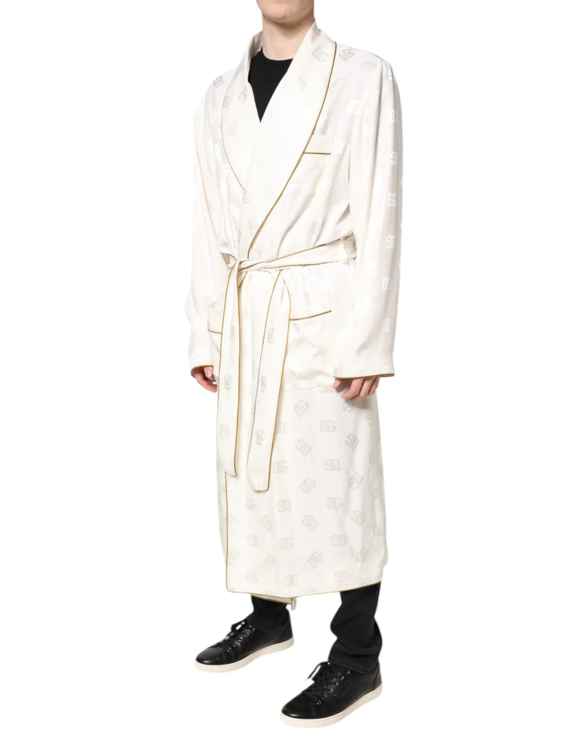 Dolce & Gabbana Ivory Silk Logo Men Wrap Robe Coat Jacket - Zeiniez