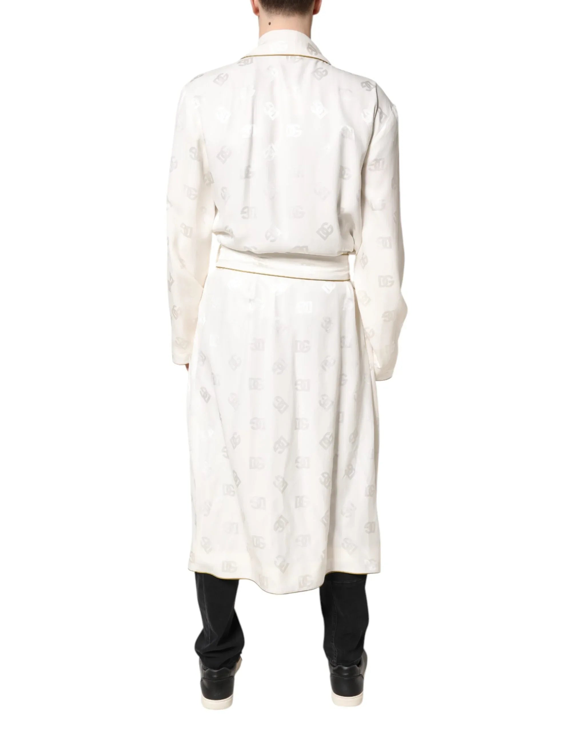 Dolce & Gabbana Ivory Silk Logo Men Wrap Robe Coat Jacket - Zeiniez