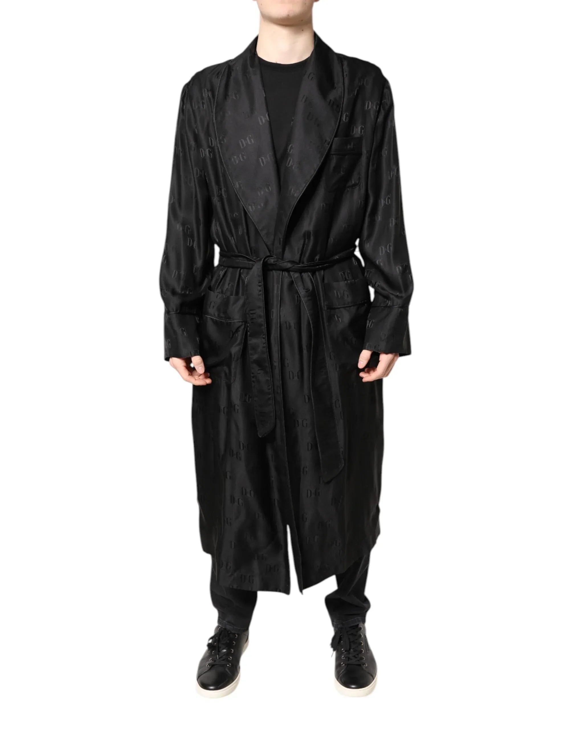 Dolce & Gabbana Black Silk DG Logo Men Wrap Robe Coat Jacket - Zeiniez