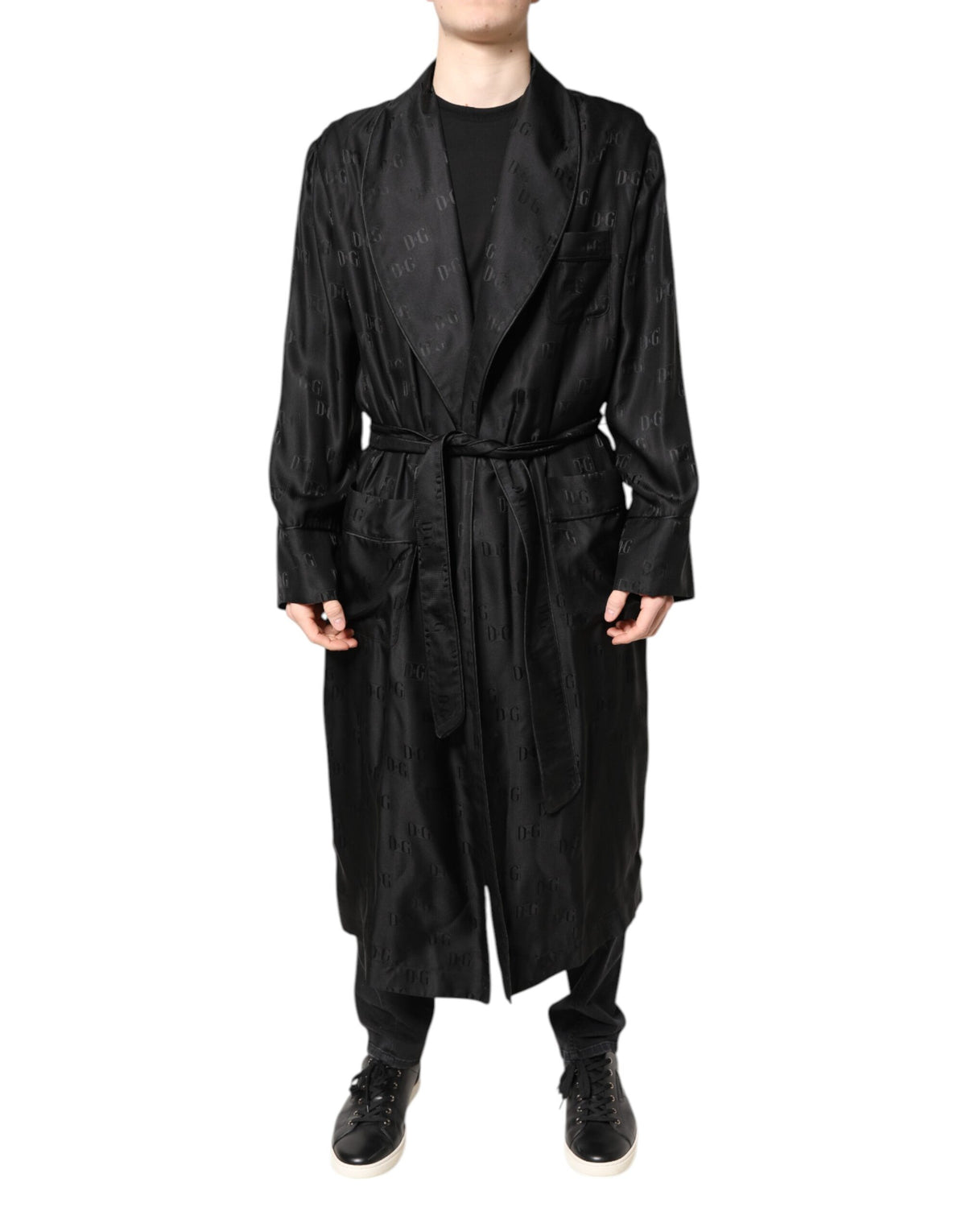 Dolce & Gabbana Black Silk DG Logo Men Wrap Robe Coat Jacket