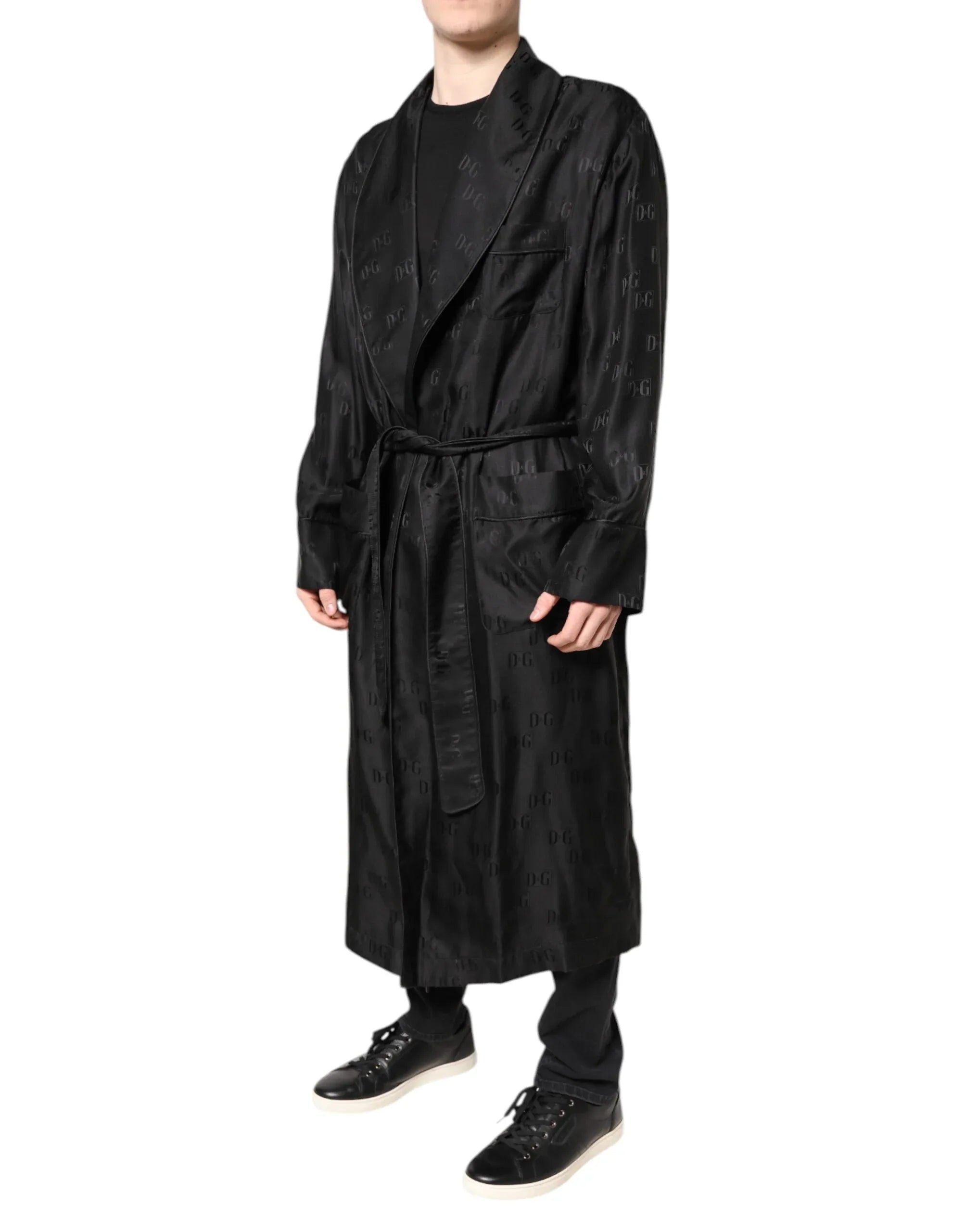 Dolce & Gabbana Black Silk DG Logo Men Wrap Robe Coat Jacket - Zeiniez