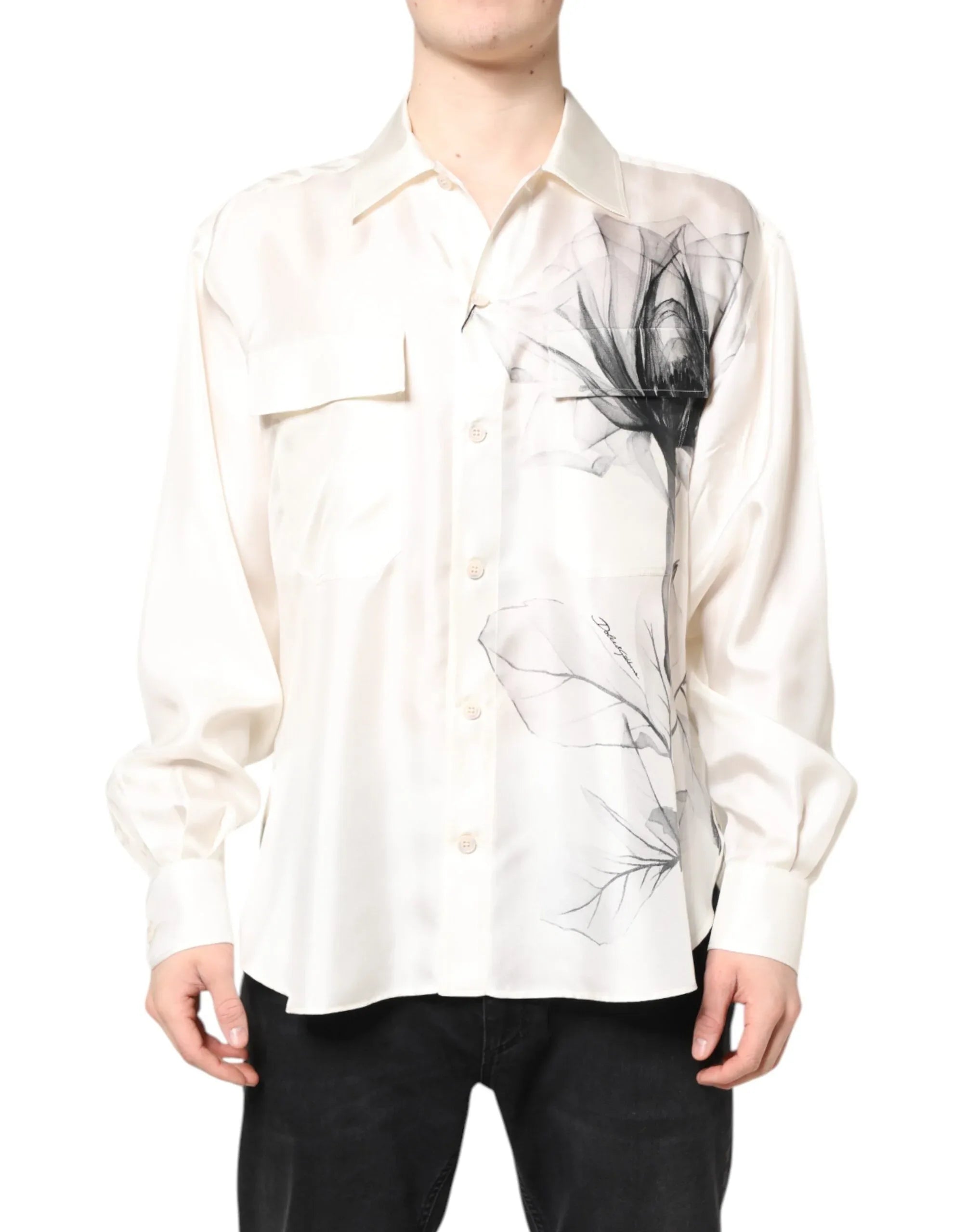 Dolce & Gabbana Ivory Silk Long Sleeves Men Casual Shirt - Zeiniez