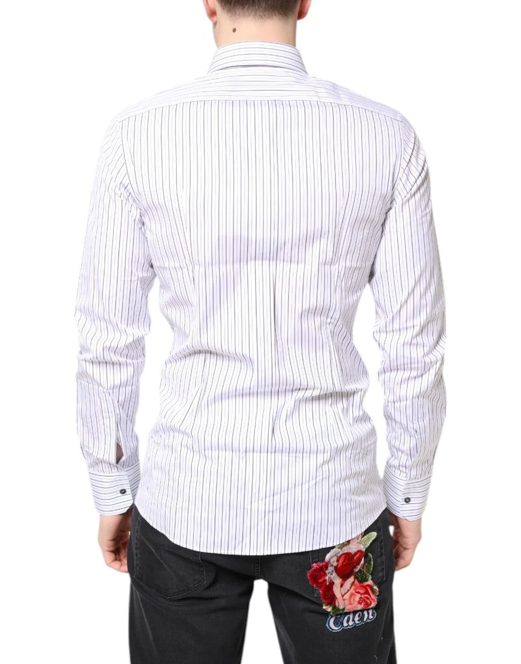Dolce & Gabbana White Stripes GOLD Cotton Formal Shirt - Zeiniez